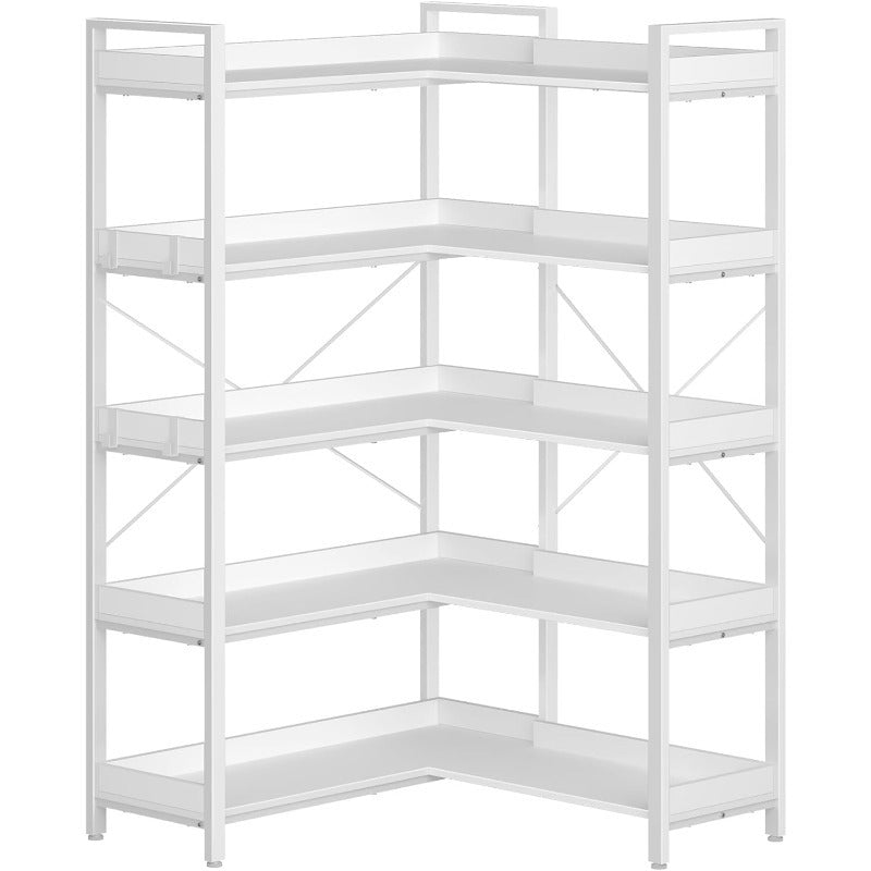 165cm Industrial 5-Tier Bookshelf with 4 Hooks - Reversible Corner Design, Hardwood & Metal Frame, Adjustable Feet for Living Room, Bedroom, Home Office, GREENSTELL