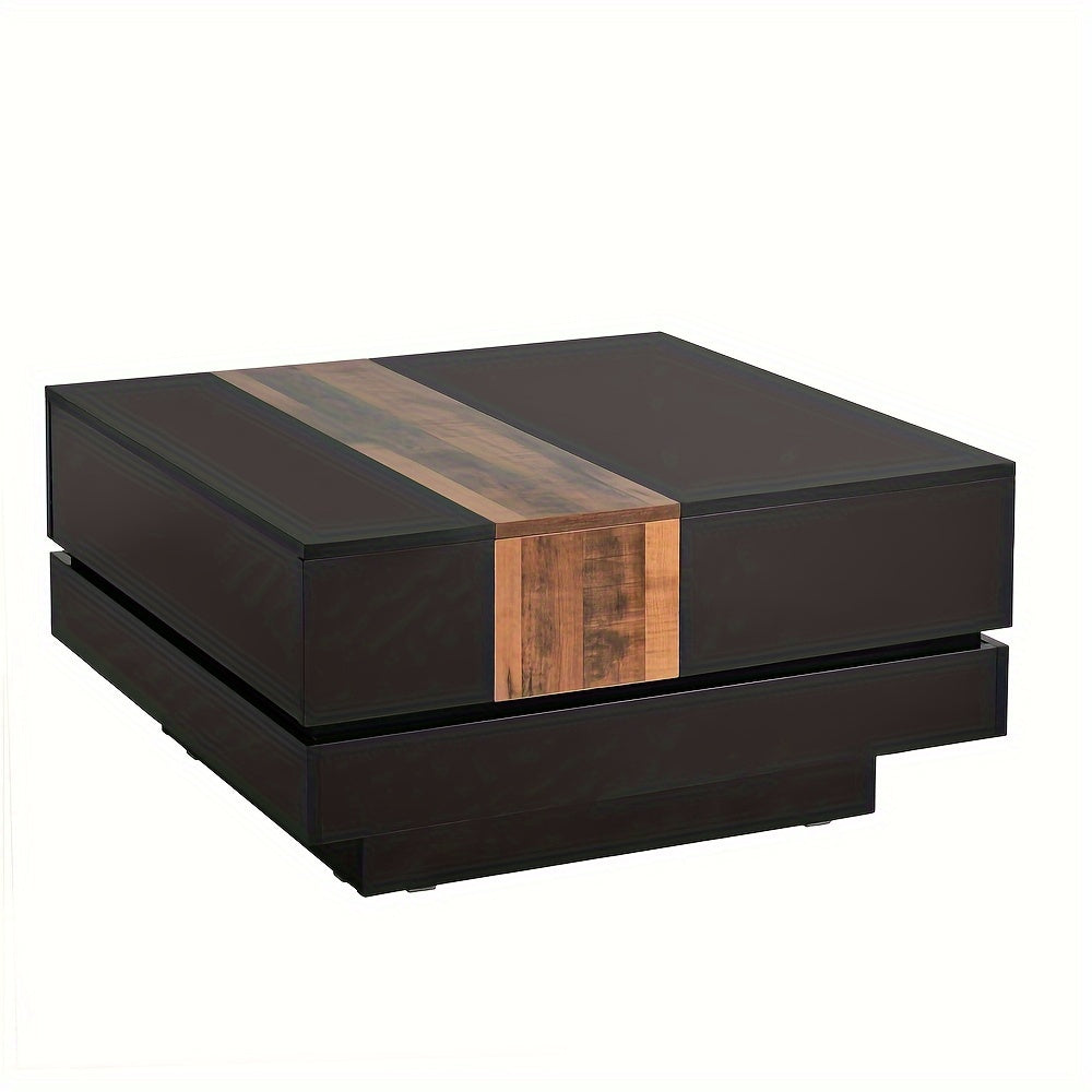 81cm Square Coffee Table With Sliding Tabletop, High Gloss Center Table With Hidden Storage Compartment, Extendable Cocktail Table With Walnut Grain Finish For Living Room