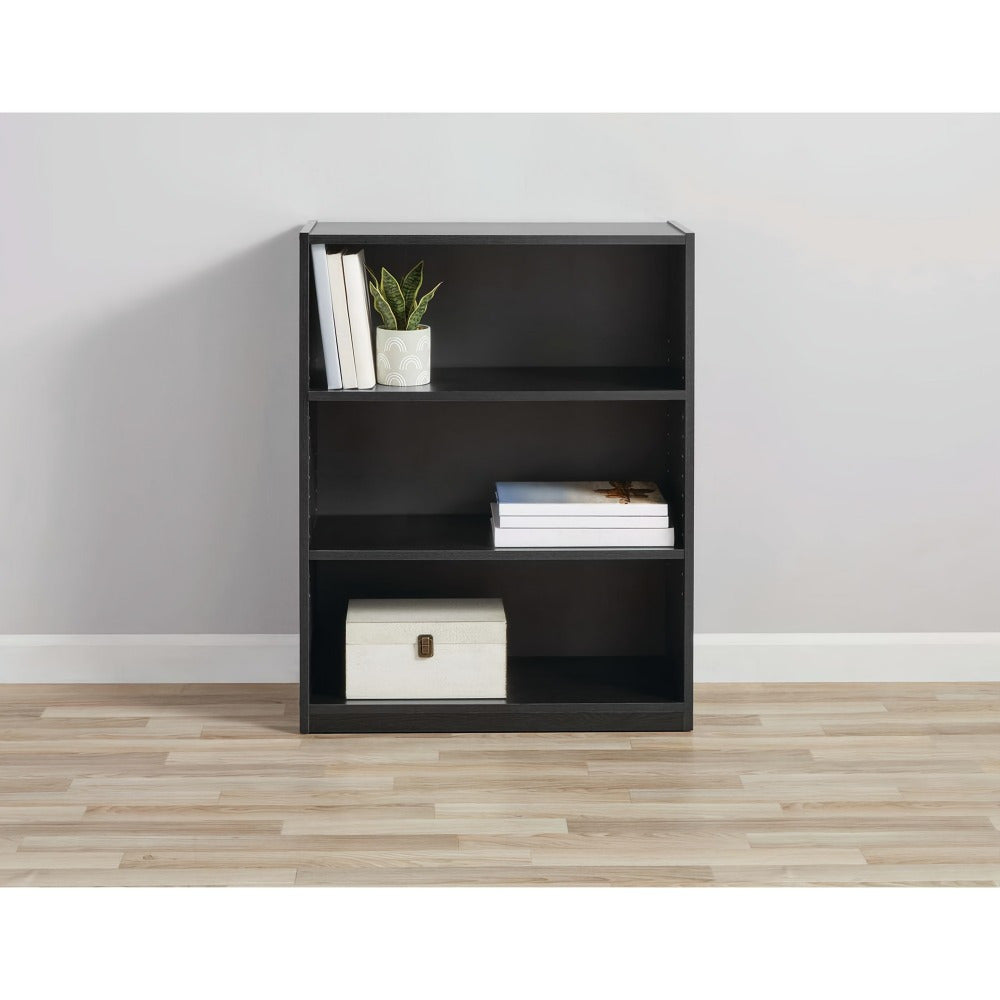 3-Tier Black Oak Wood Bookcase with Adjustable Shelves - Perfect for Home Office