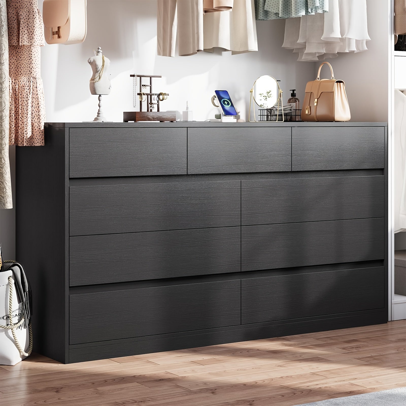 Black Vanity Dresser For Bedroom, 140cm Long Dresser With 9 Drawers, Dressers & Chest Of Drawers, Handle Free Drawers For Bedroom Living Room, Black