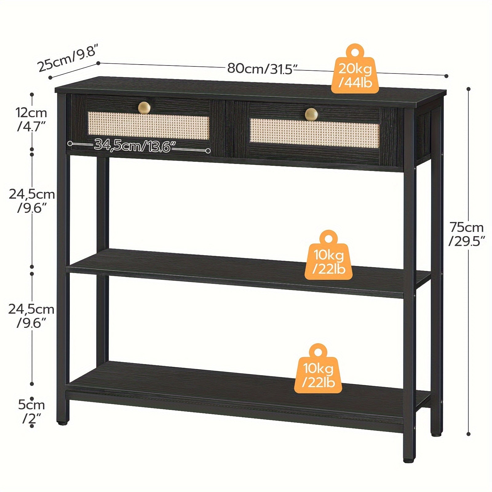 1pc Vintage Style Narrow Console Table with Rattan-Like Woven Detail, 80 cm Sofa Table with 2 Flip-Down Drawers and 3 Open Shelves, Multi-Functional Entryway Table with Metal Frame and Hardwood Top