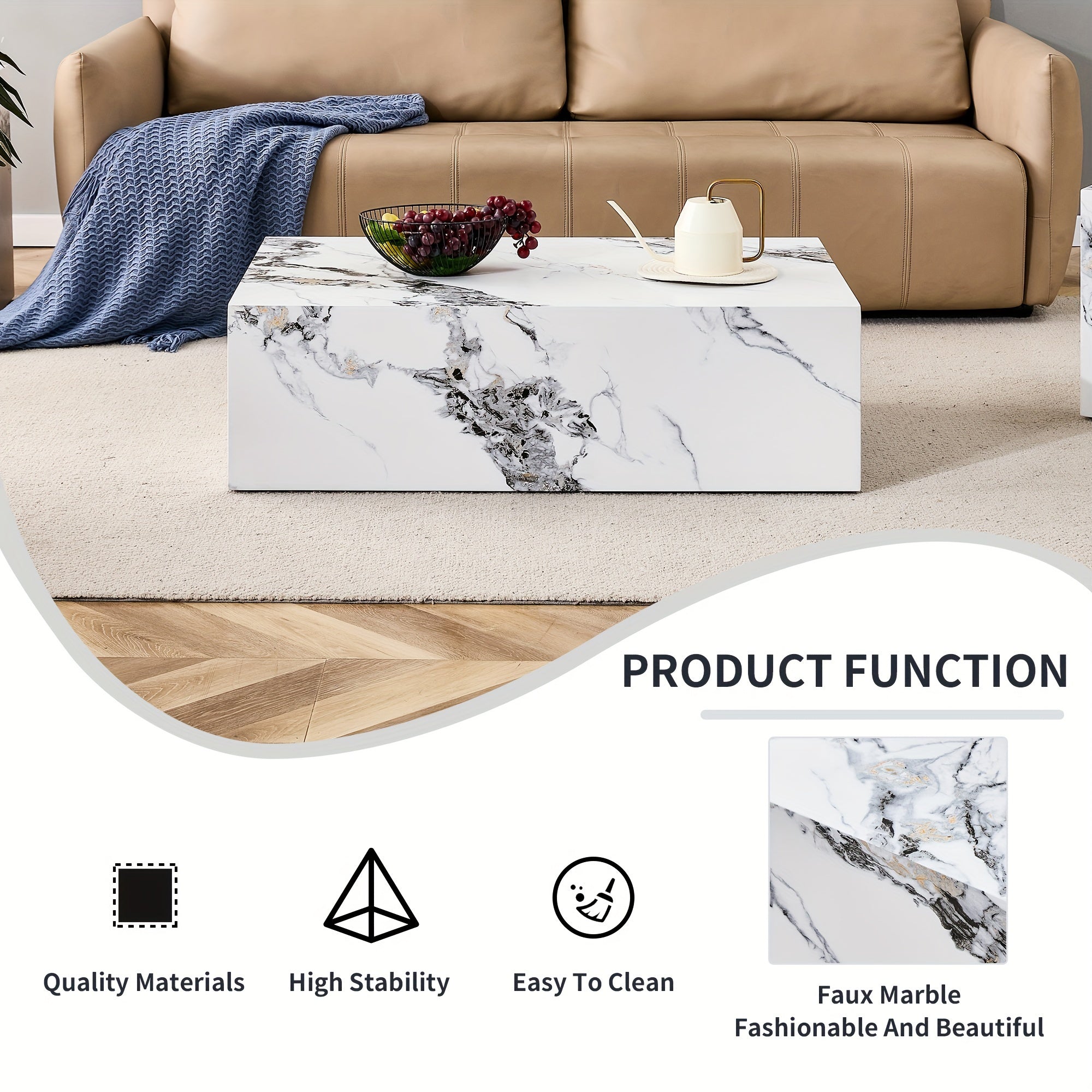 102cm Modern Coffee Table With Marble Pattern, Tea Table With Stylish And Durable Design For Living Room, Dining Room And Bedroom (White).