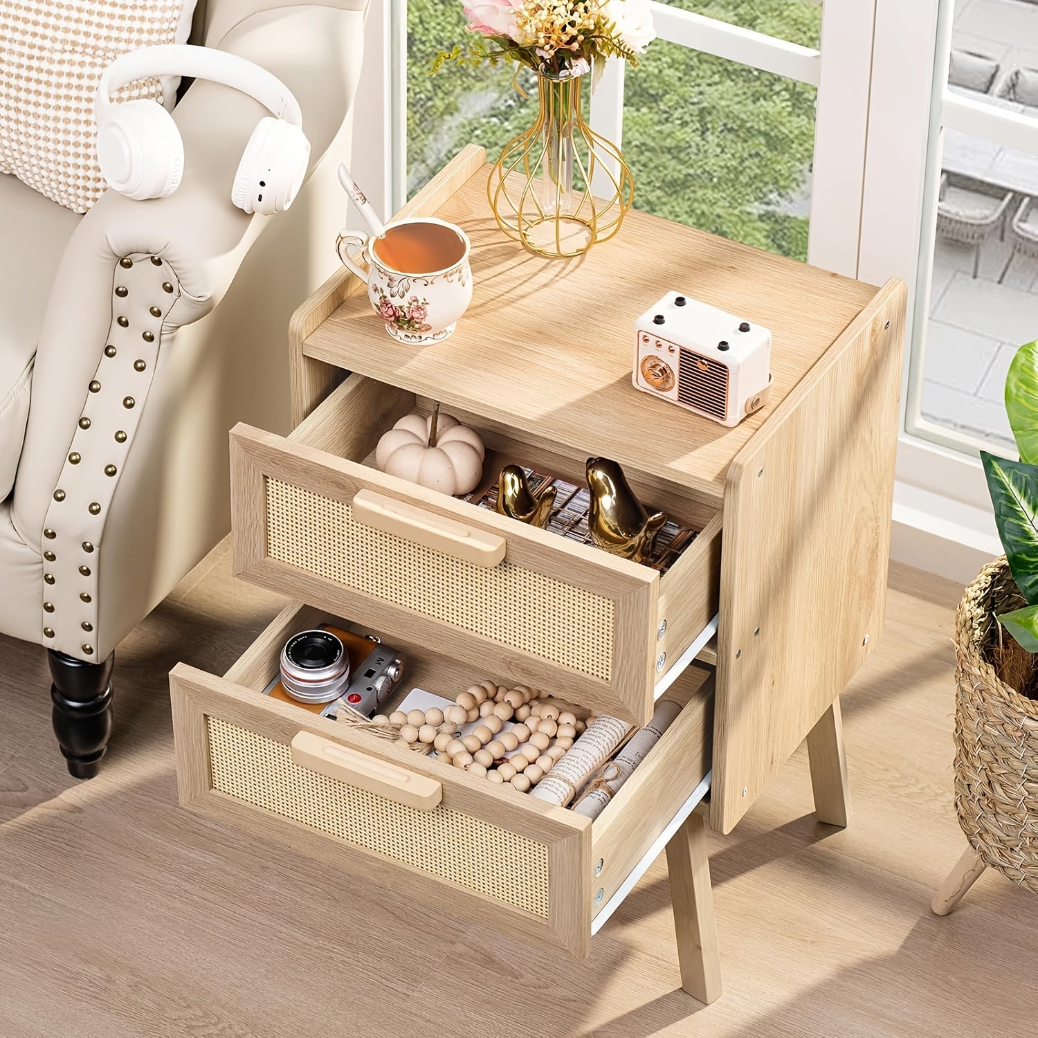 Chic Boho Rattan Nightstand with 2 Drawers - Natural Wood Finish, Cane Accent Side Table for Bedroom & Dorm Decor