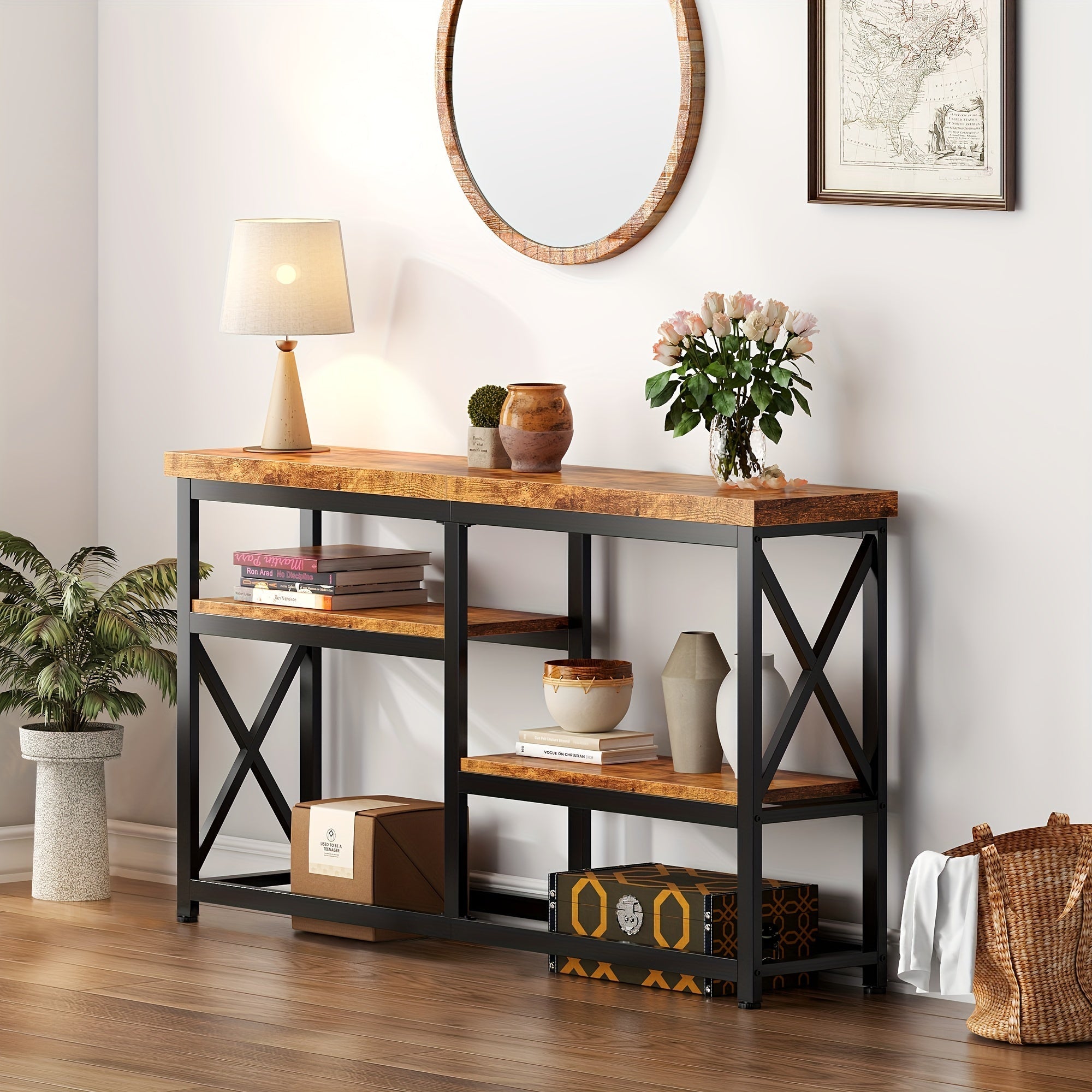 3-Tier Wood Console Table, 140 cm Entertainment Center with Open Storage Shelves, Industrial TV Stand, Entryway Table, Sofa Side Table, Coffee Table, Rustic Brown