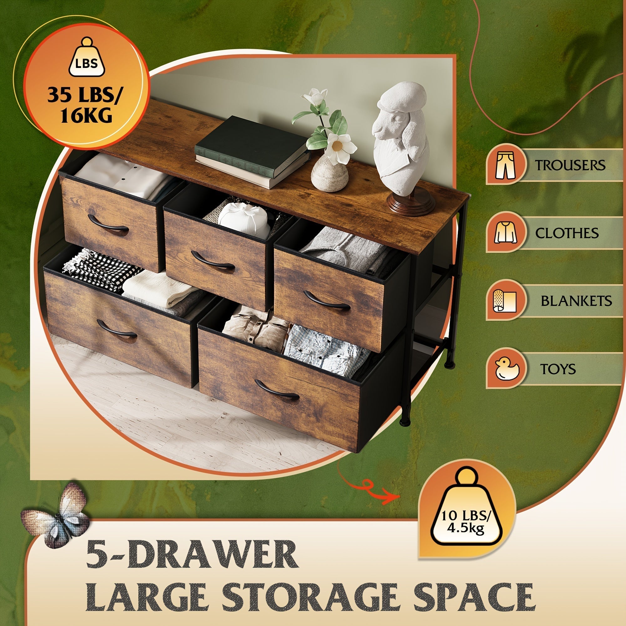 Dresser for Bedroom with 5 Drawers, Wide Chest of Drawers, Fabric Dresser, Storage Organizer Unit with Fabric Bins for Closet, Living Room, Hallway, Rustic Brown Wood Grain Print