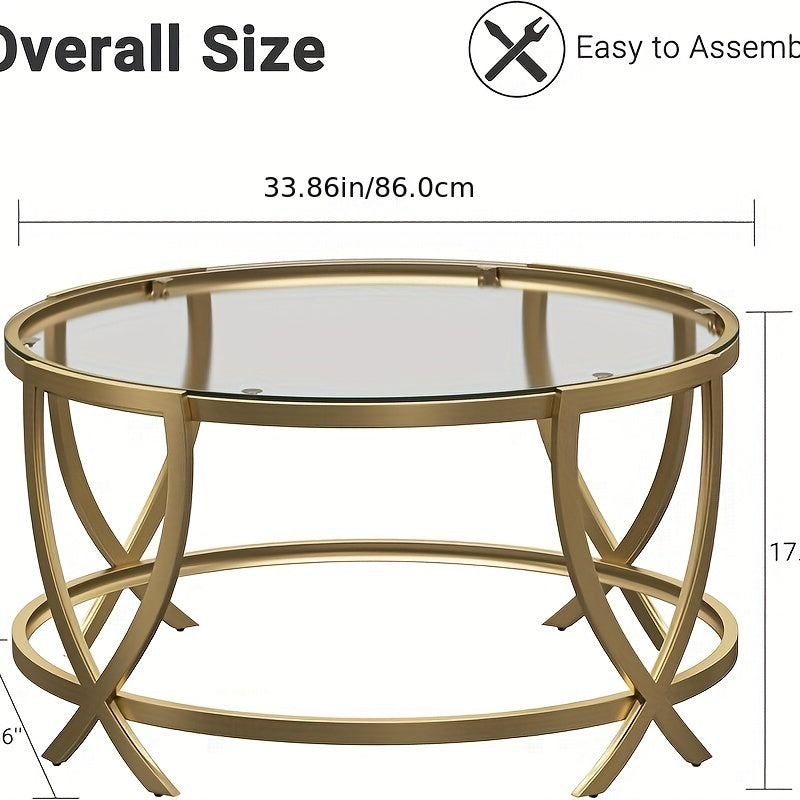 Round Coffee Table For Living Room, Golden Coffee Table With Tempered Glass & Metal Frame, Modern Glass Coffee Table For Home&Office