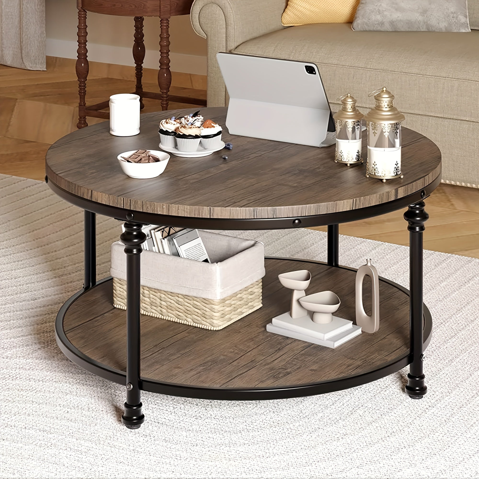 Round Coffee Table Rustic Center Table With Storage Shelf 2-Tier Industrial Accent Center Table Wood Circle Coffee Table With Sturdy Metal Legs, Easy Assembly