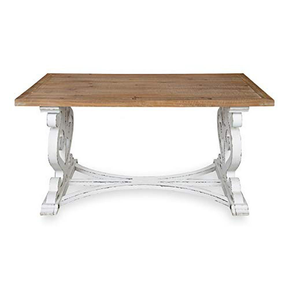 Rustic Carved Coffee Table 96cm Distressed Brown and White Farmhouse- Inspired Living Room Decor