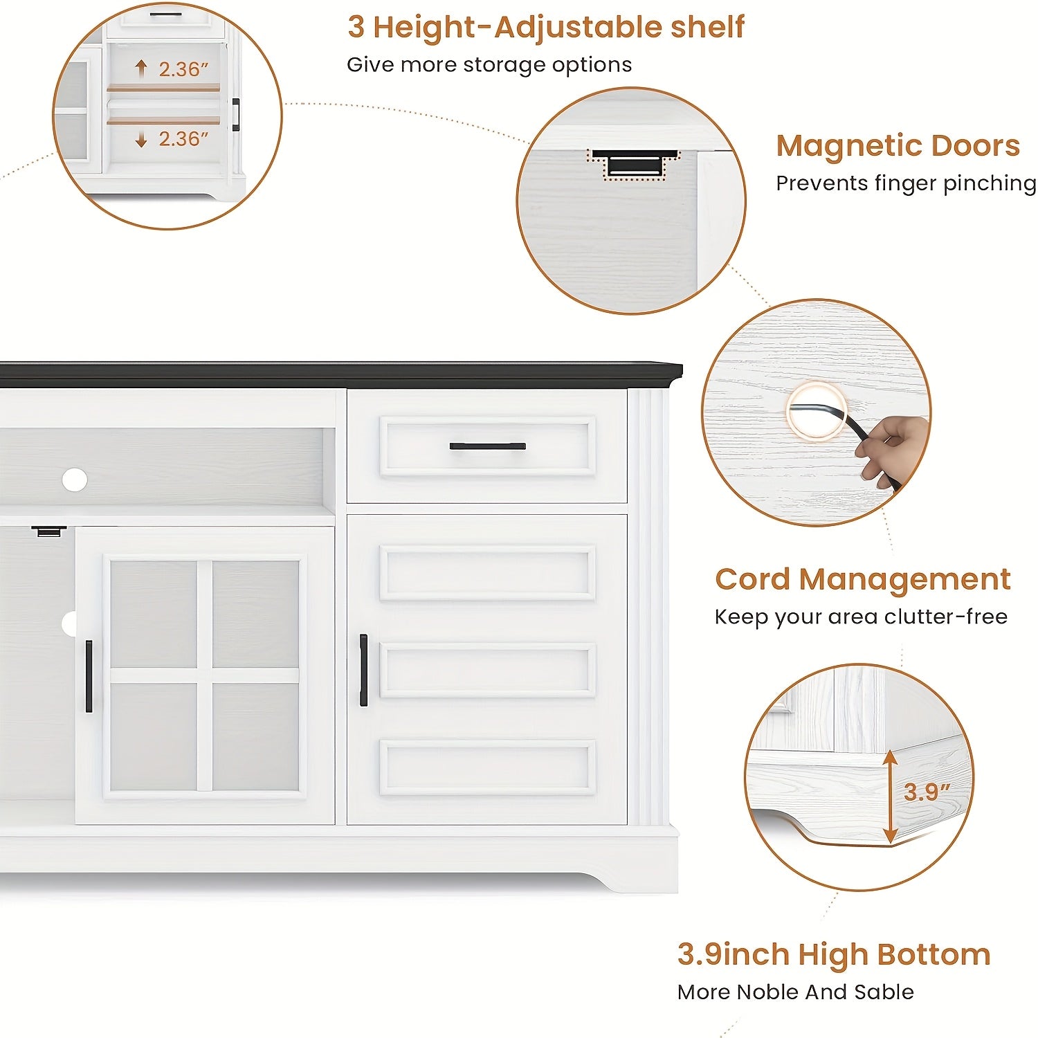 Modern Media TV Stand 165cm for 75 Inch TV - Entertainment Center with Adjustable Shelves, Drawers, and Glass Cabinet, White/Blue, Metal, Assembly Required