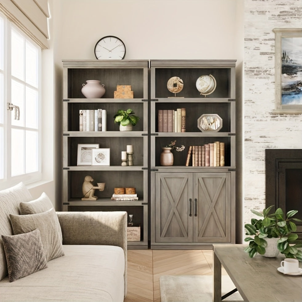 5 Tier Bookshelf With Storage, Farmhouse Bookcases With Doors, 712.9"D X 31.5"W X 68.7"H Bookshelf And Bookcase, Storage Cabinet For Living Room, Home, Office, Bedroom