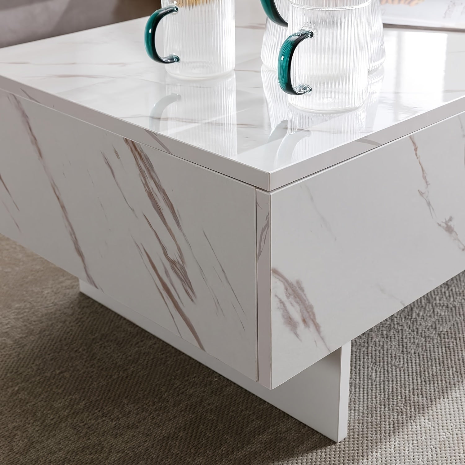 101cm Marble White Cool Coffee Table For Living Room, Rectangular Glossy Smart Contemporary Center Table For Waiting Area