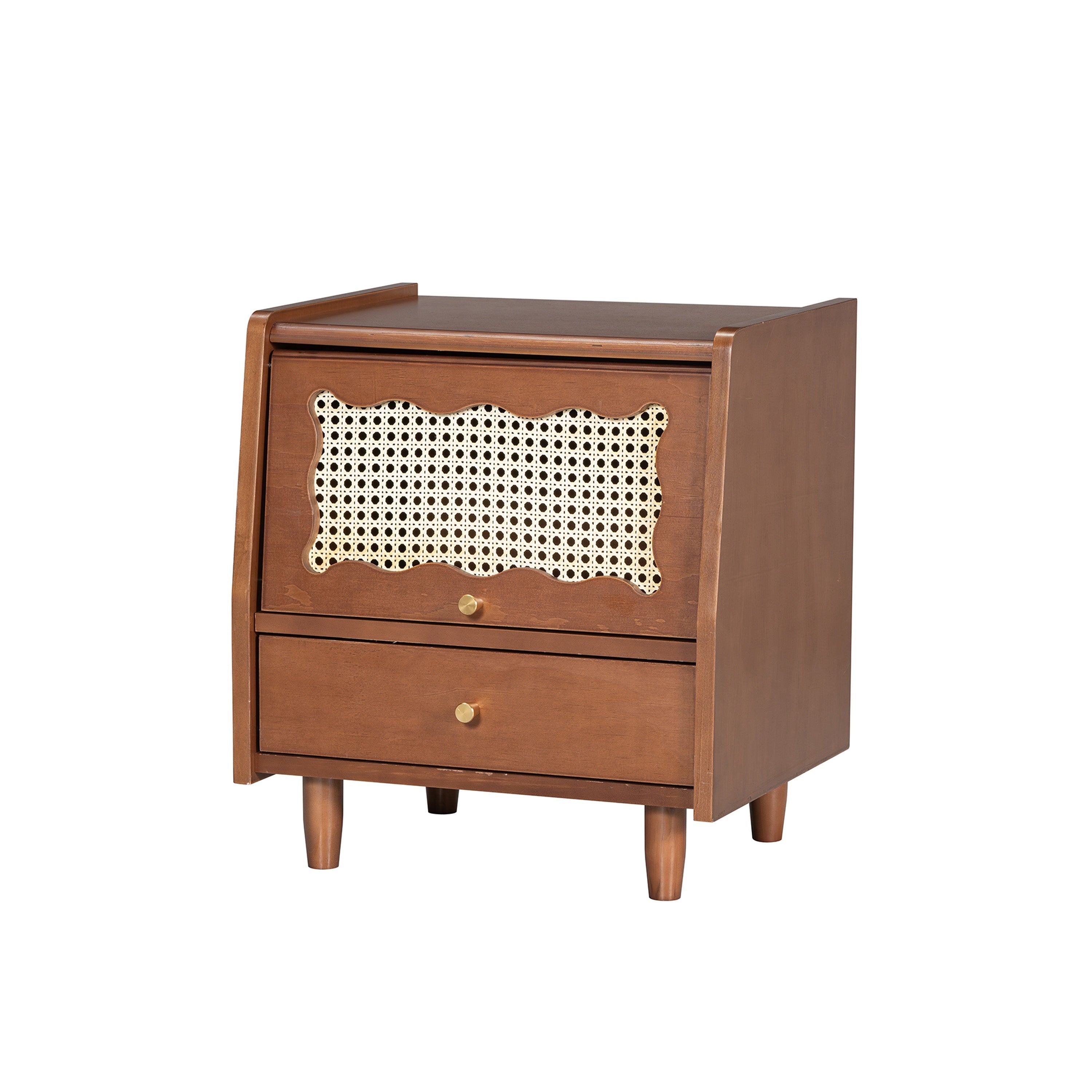 Elegant Wooden Nightstand with Rattan-Woven Storage Cabinet & Drawer - Natural Hardwood Finish, Scalloped Top with Decorative Cut-Out Patterns, Ideal for Bedroom Elegance, Bedroom Decor