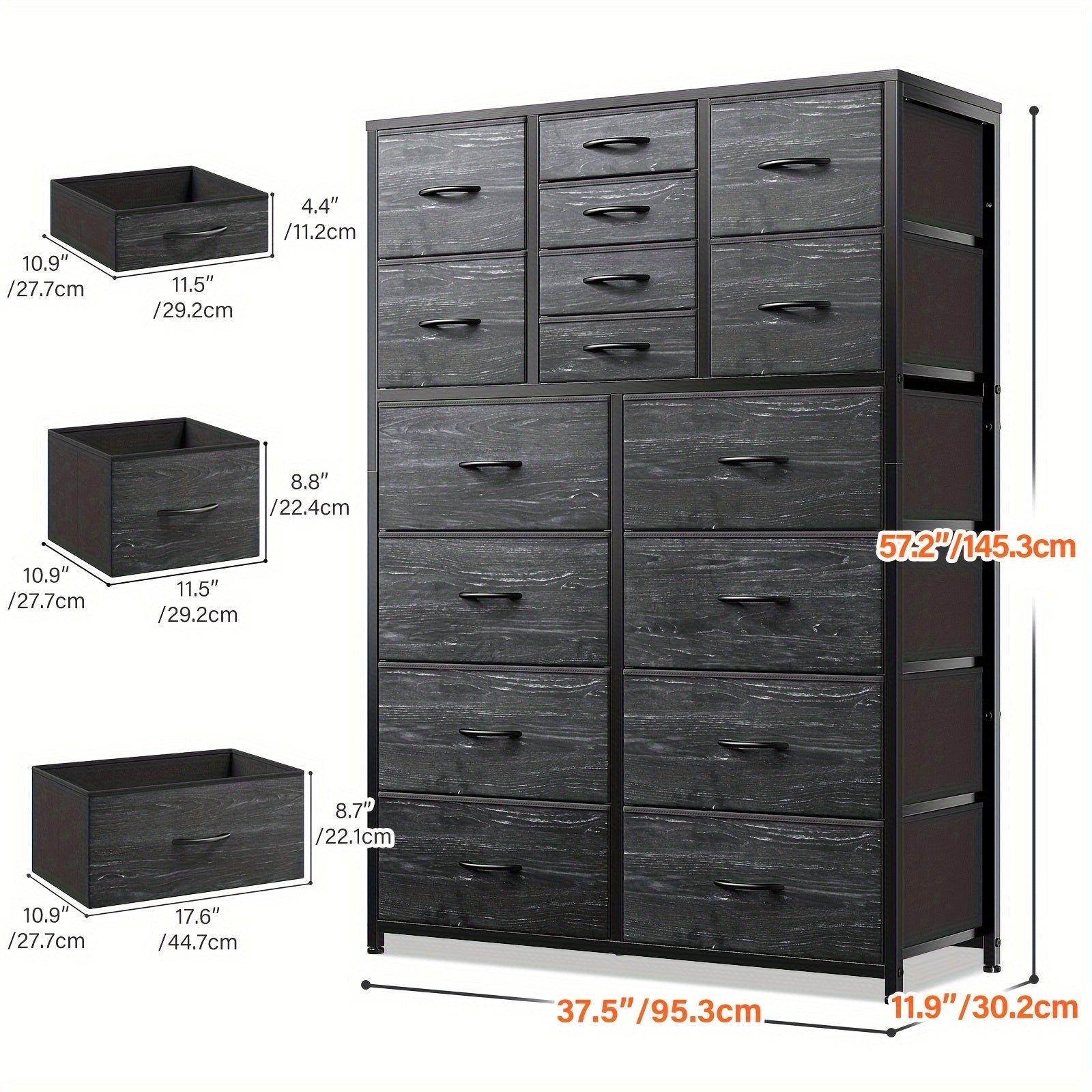 16 Drawers Dresser for Bedroom, Tall Dresser for Bedroom, Bedroom Dressers & Chests of Drawers with Wood Top and Metal Frame, Dresser for Bedroom, Closets, Living Room, Black Wood Grain