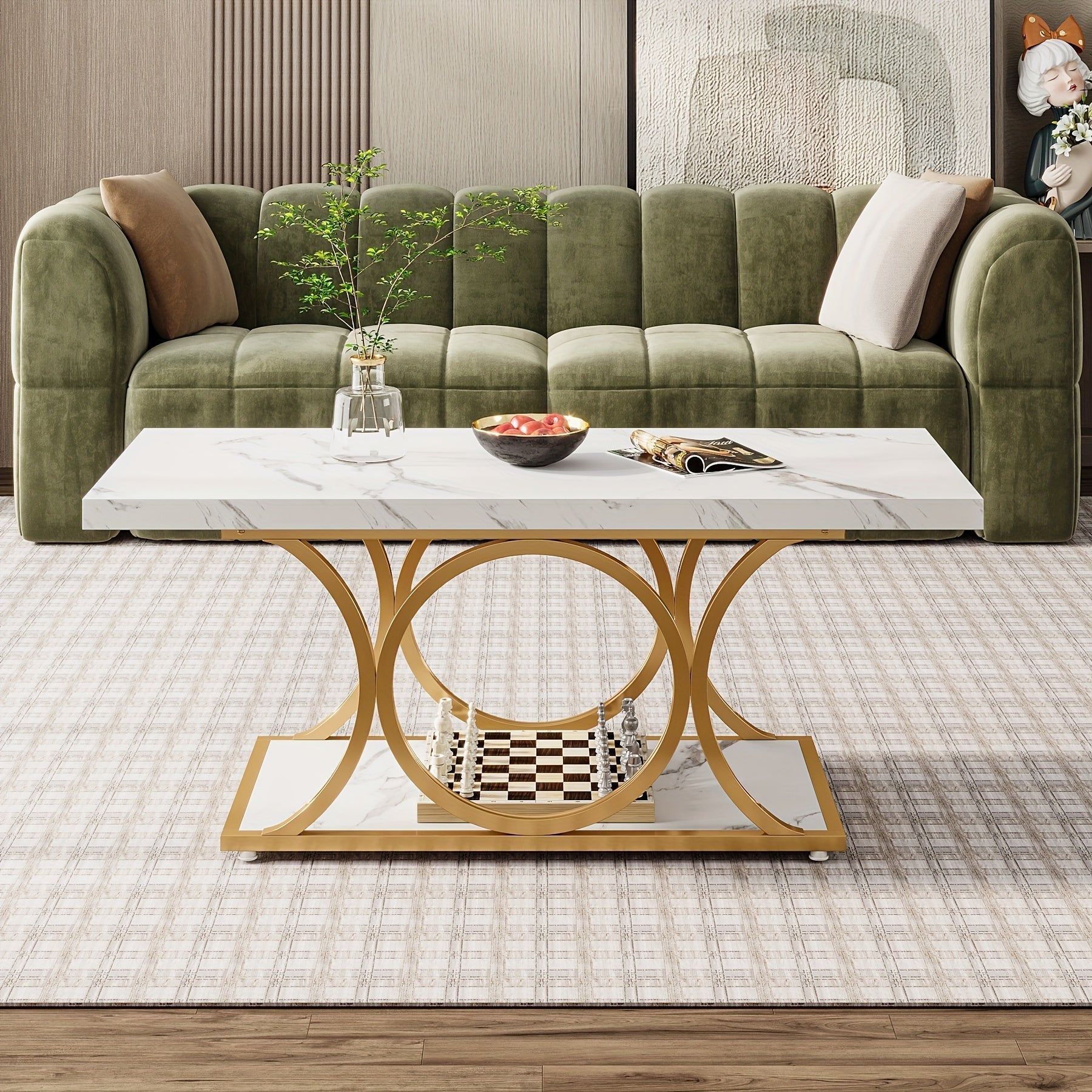 Rectangle Coffee Table, 120cm Modern Coffee Tables for Living Room, 2-Tier Faux Marble Wood Coffee Table with Geometric Legs, Furniture with Storage Shelf