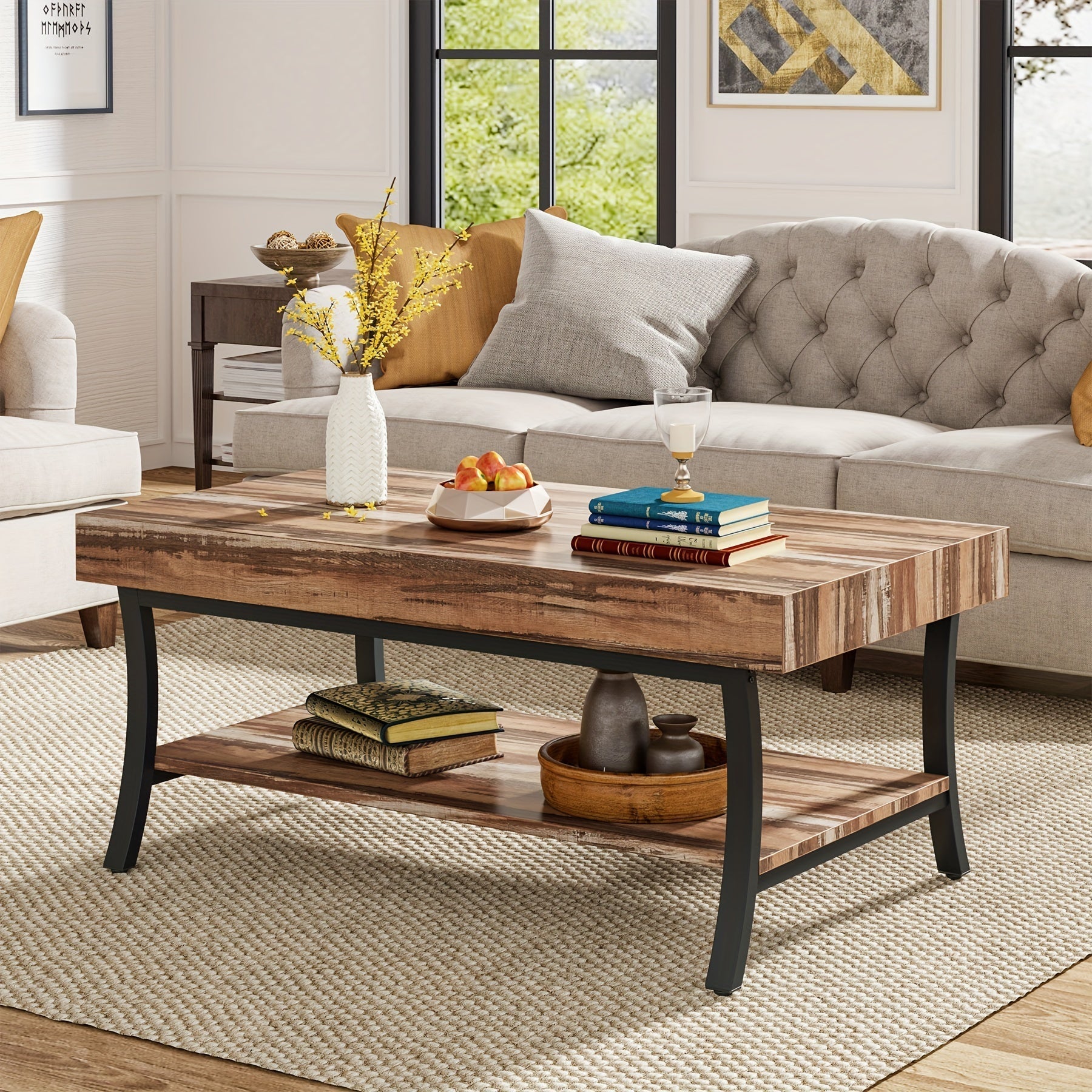 Charming Farmhouse Coffee Table With Storage, 2-Tier Rustic Industrial Design, Wooden Low Rectangle Table Ideal For Cocktails Or Tea, Perfect Centerpiece For Your Living Room