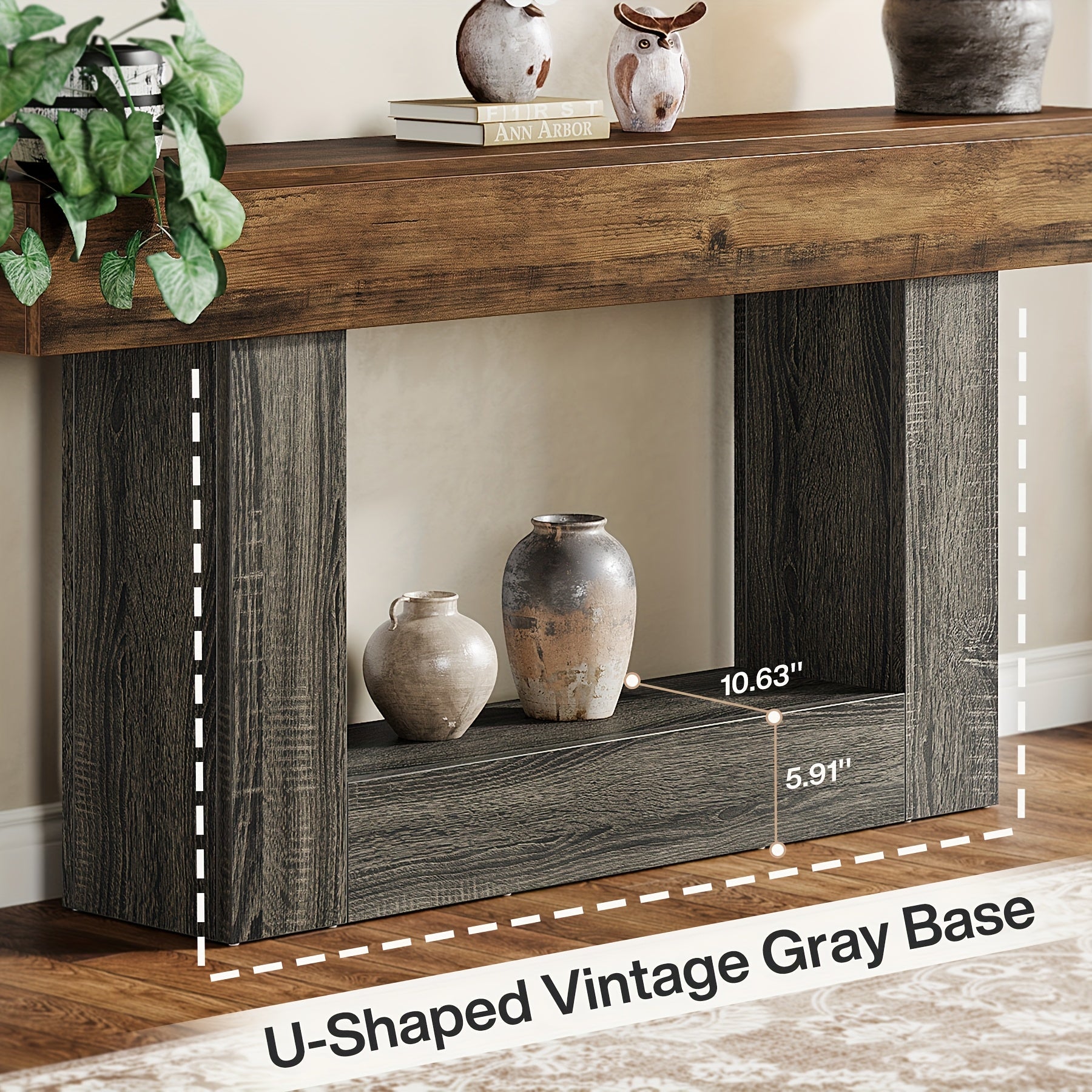 160 cm Narrow Long Console Table With Storage, Farmhouse 2-Tier Entryway Table With U-Shaped Base, Vintage Wood Sofa Table Behind Couch Table For Living Room, Hallway, Foyer, Rustic Brown And Grey