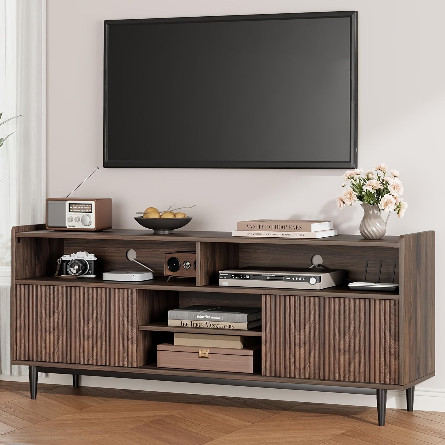 Fluted TV Stand for 70 Inch, Boho Entertainment Center with Storage And Sliding Doors, TV Cabinet with Adjustable Shelves, Under TV Stand for Living Room Bedroom, Walnut