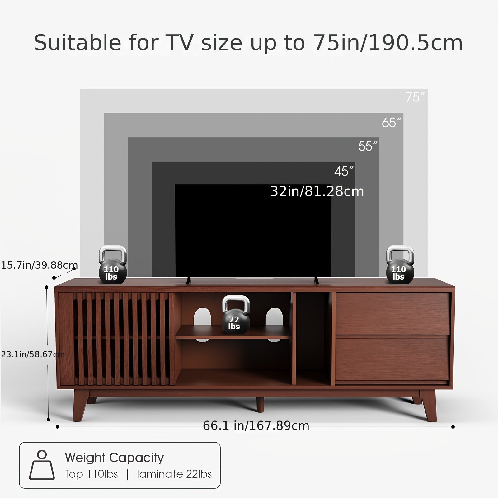 TV Cabinet for 75-inch and above TVs, with 2 drawers in medieval modern design, including storage cabinet in entertainment center, large retro media console, suitable for 66-inch long TV cabinet in living room - Walnut color