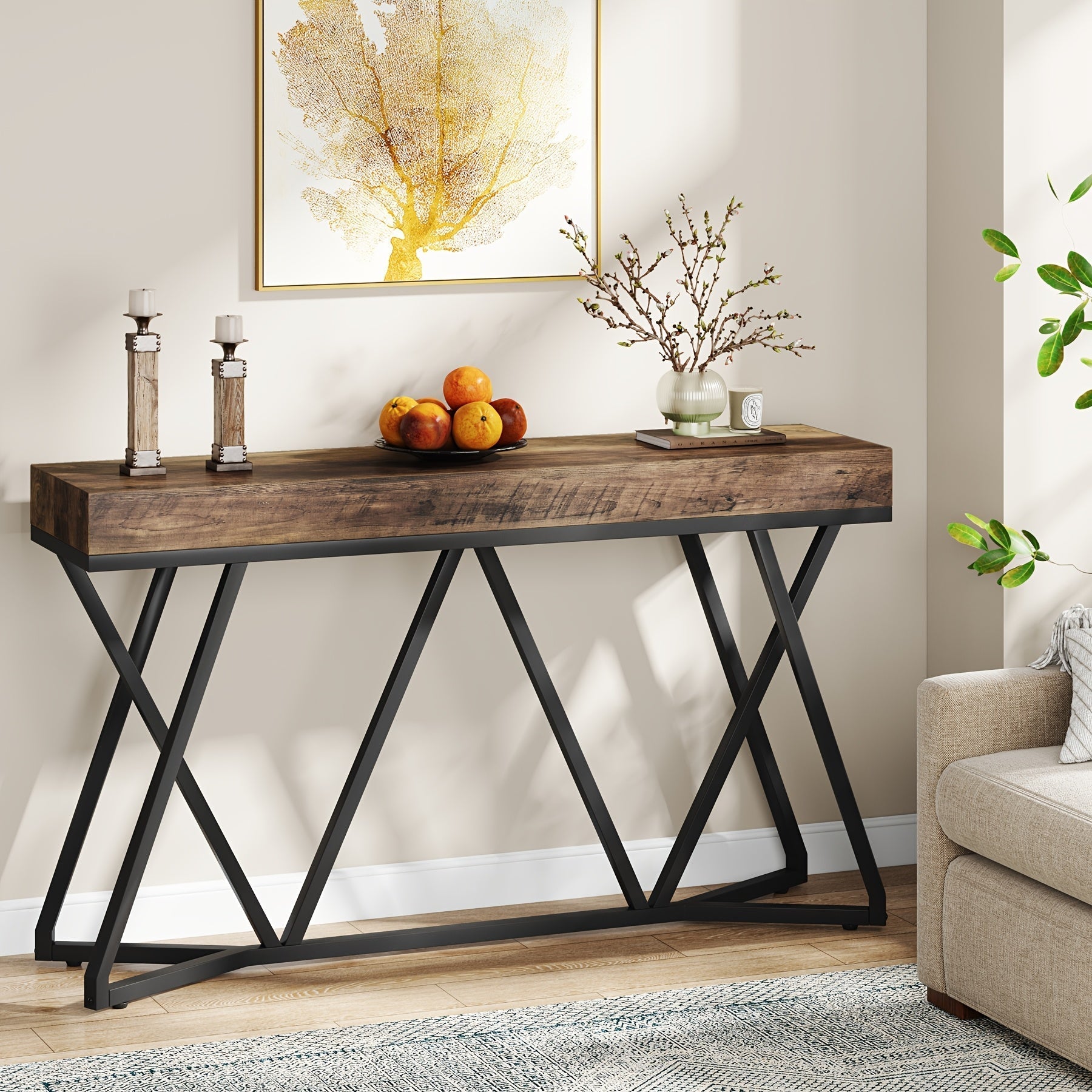 140 cm Farmhouse Industrial Entryway Table with Metal Base, Wood Console Sofa Table for Living Room, Hallway, Entrance - Black Frame with Brown Top, Under 90.7 L Storage Capacity, Over 68.6 cm Height