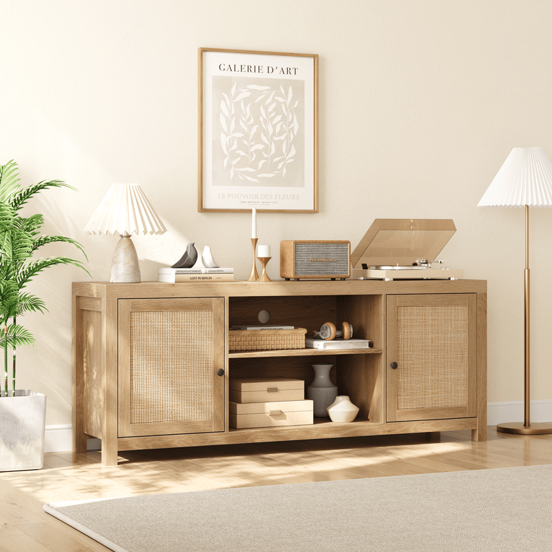 Rattan TV Stand for 65 Inch, Boho Entertainment Center with Storage and Doors, Wood TV & Media Console Under TV Cabinet Furniture for Living Room, Natural Wood