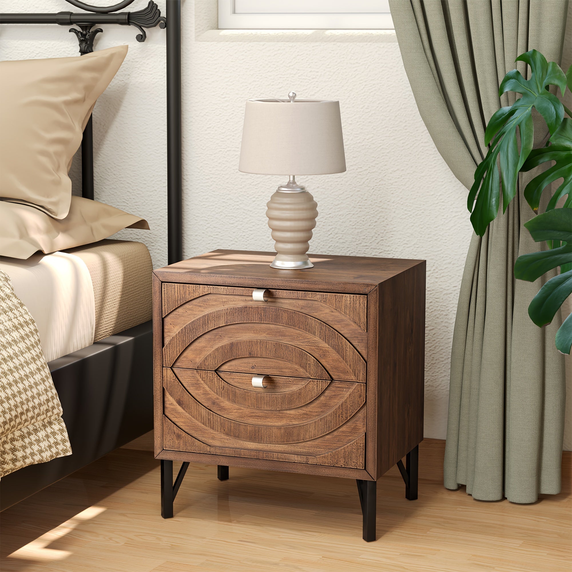 Wood End Side Accent Table Modern Concentric Circle Pattern Nightstand With Storage For Living Room Or Bedroom, Christmas Holiday Decoration Table