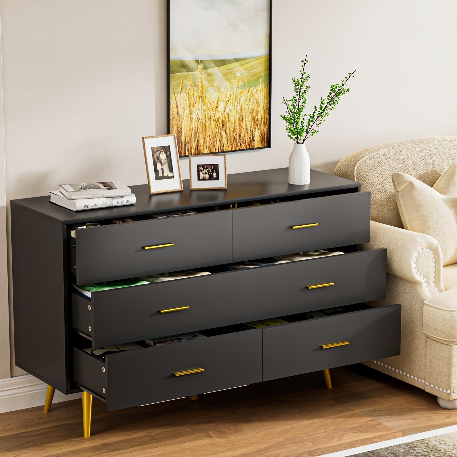 6-Drawer Dresser, Modern Wooden Chest with Wide Drawers, Golden Metal Handles, Ample Storage, ≥3.2 Cubic Feet Capacity, ≥27" Height, with No Electricity Required, for Bedroom, Hallway, Entryway, Storage Drawer U