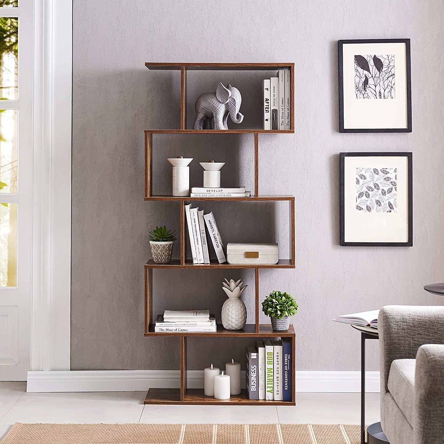 5-Tier Wooden Geometric S-Shaped Bookcase, Set Of 2 Storage Rack With Open Shelves, Shelving For Plant Album, Trinket Display, Spacious Storage Display Shelf - 62.5" Tall For Home & Office Decor, Room Divider, And Or