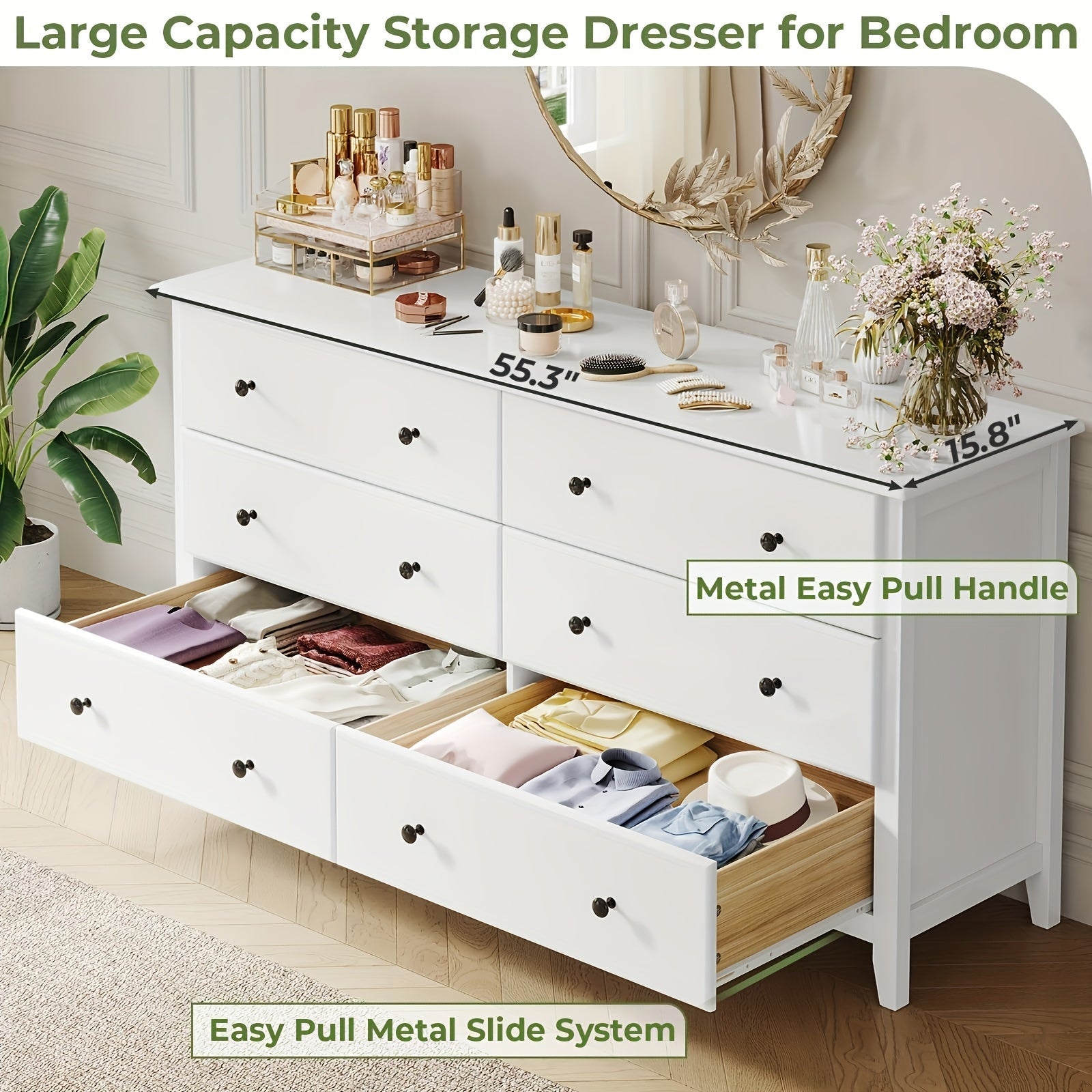 6 Drawer Dresser, Large Capacity Storage Cabinet With Metal Slides For Bedroom, Living Room, White