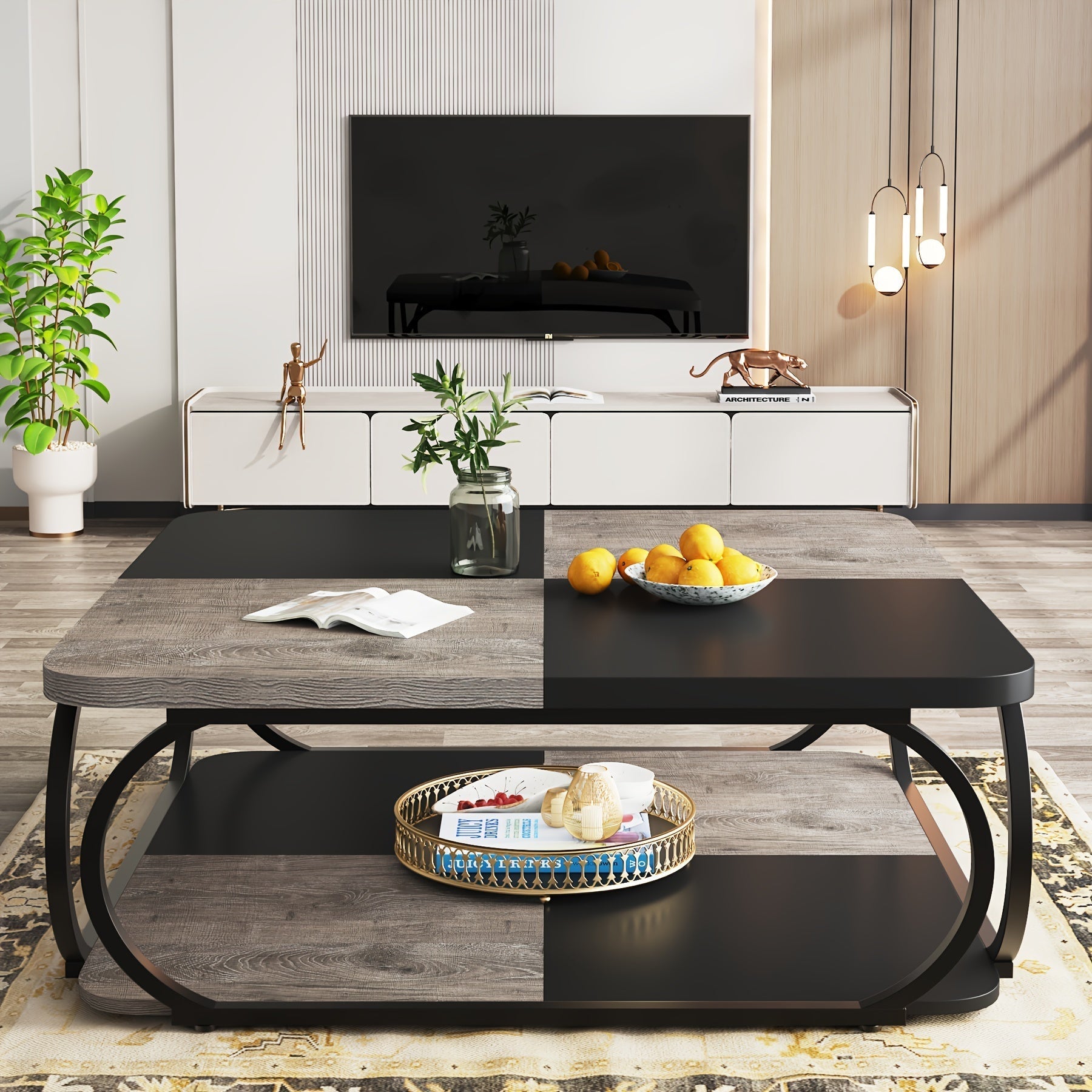 Coffee Table With Open Storage Shelf For Living Room, 39 Inch Large Wood Center Table Square Low Coffee Tables 2 Tier Farmhouse Tea Table With Metal Frame For Home Office