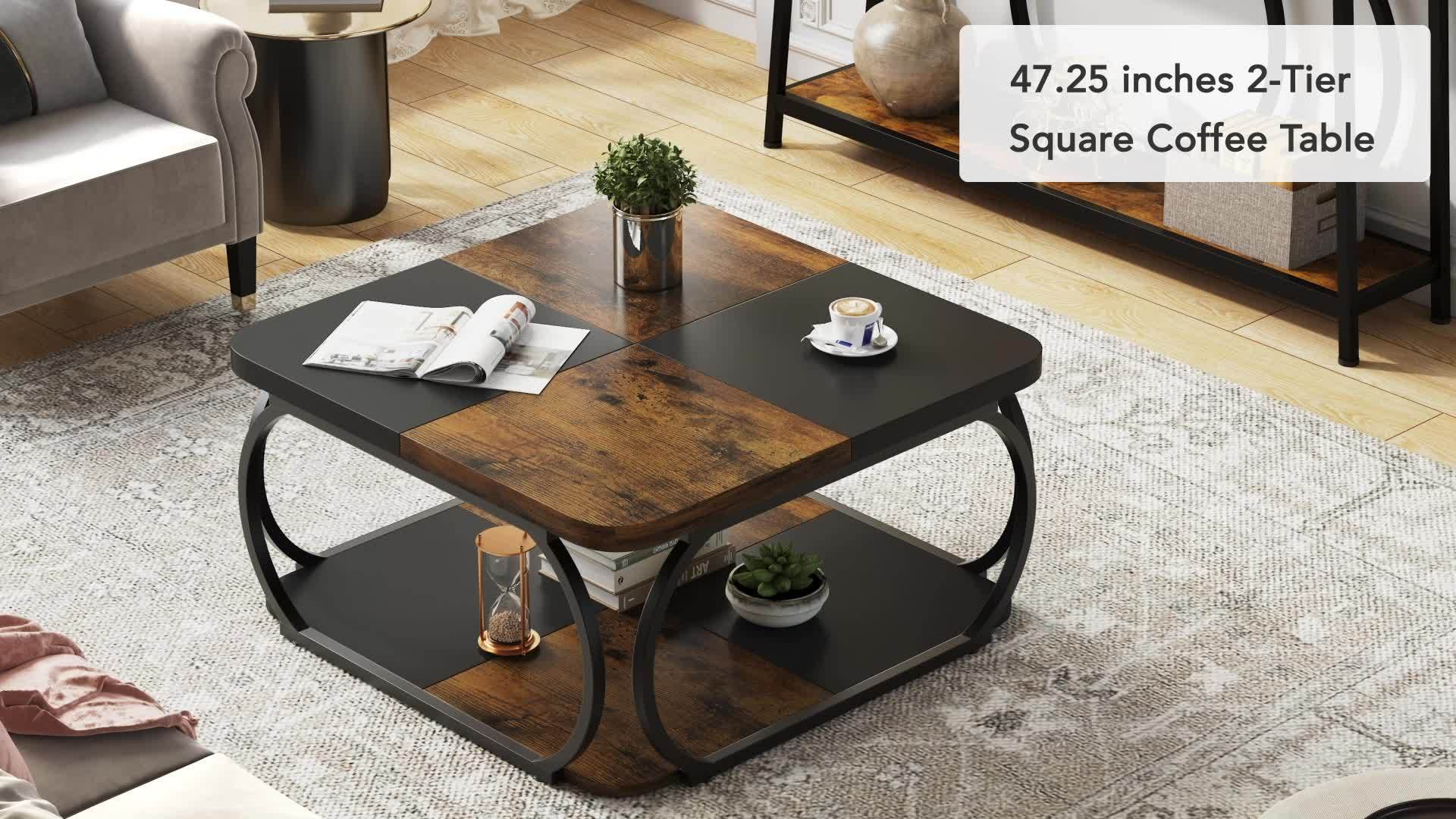 Square Coffee Table with 2 Tiers, 102cm Farmhouse Coffee Table with Wood Storage Shelf Heavy Duty Metal Curved Frame for Modern Living Room