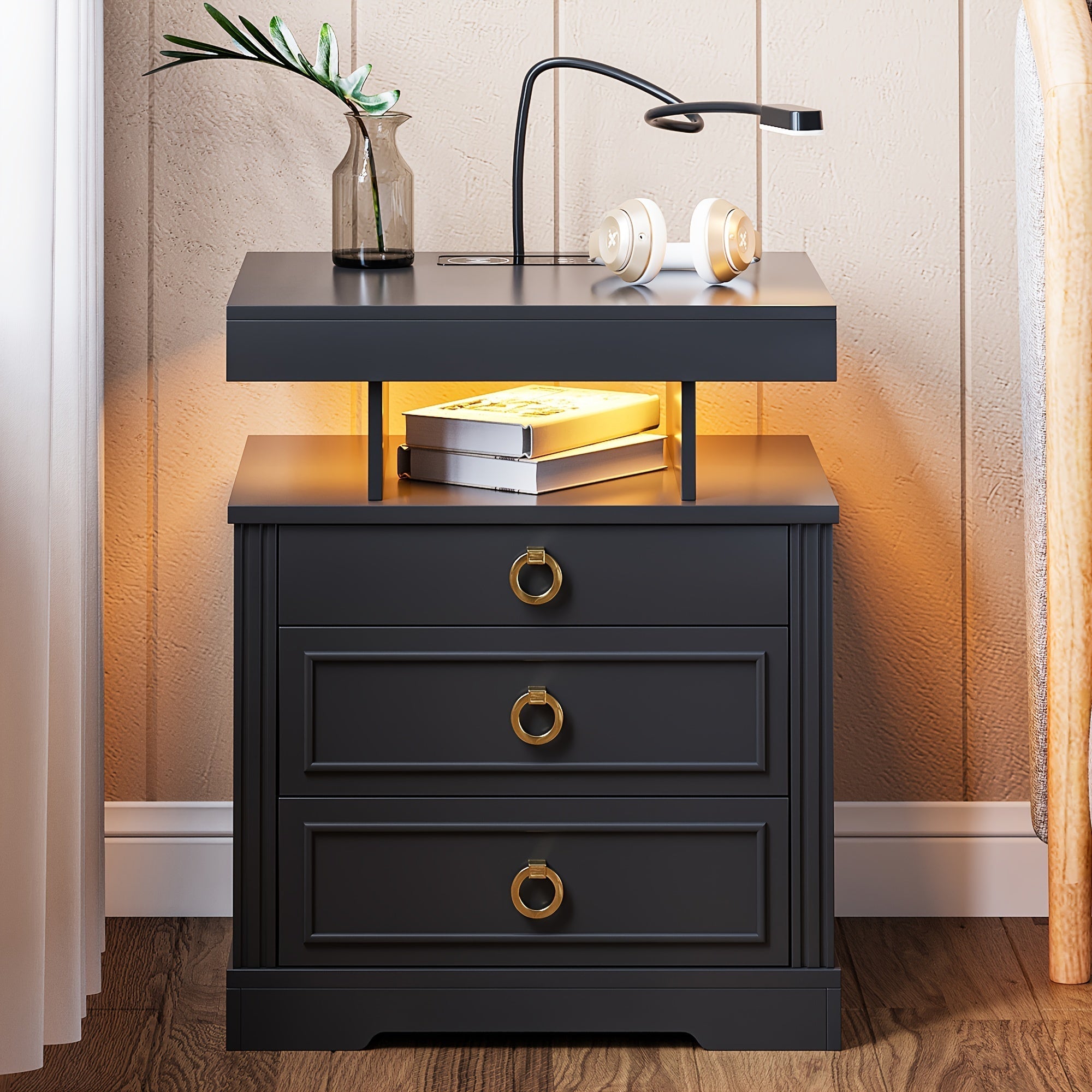 Side Table With Gun Case, Wireless Charging For Farmhouse Night Stand, Bedside Table With 2 Drawers, End Table With Bedside Lamp, Night Stand For Living Room&Bedroom