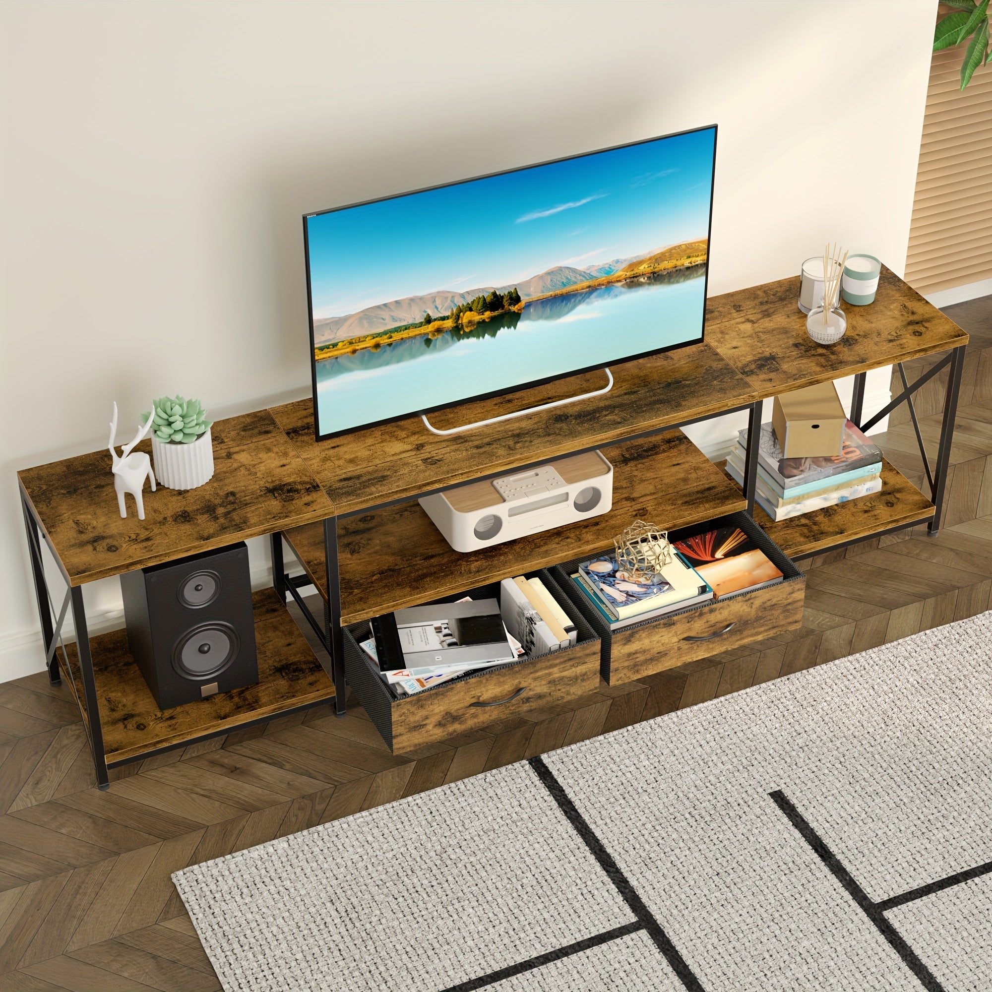 TV Stand With Fabric Drawer, Entertainment Center With Open Storage Shelves For Living Room, Industrial TV Console Table For Bedroom, Multifunctional And Space-saving, Home Theater Furniture, Kitchen Storage Shelf