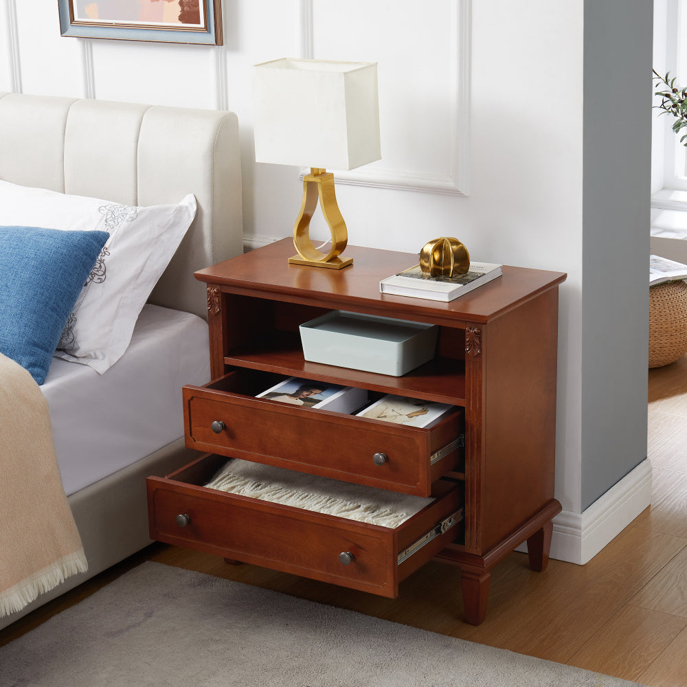 Open Space and 2 Drawers Dresser Nightstand, Fluted Pilasters Design Side Table with Solid Wood Legs for Bedroom