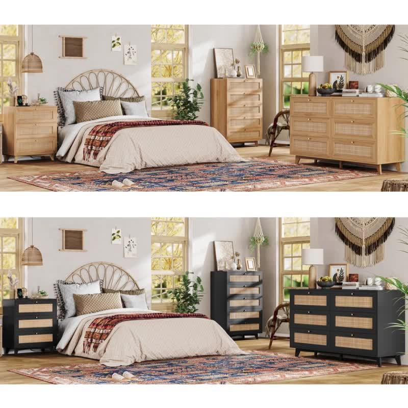 120cm Natural Rattan Dresser For Bedroom With 6 Drawers, Modern Double Wooden Wide Bedroom Dresser, Chest Of Drawers With Metal Handle & Solid Wood Legs For Bedroom/Living Room