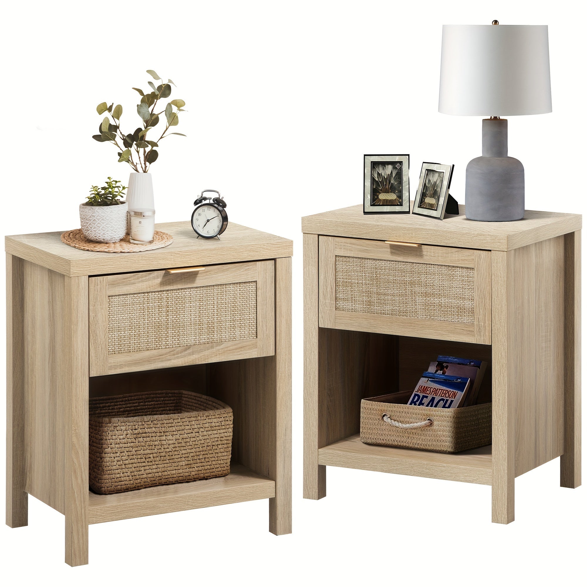 Nightstand, Bedside Table With Rattan Decor Drawer, Open Shelf Side Table, Night Stand For Bedroom, Living Room, Natural