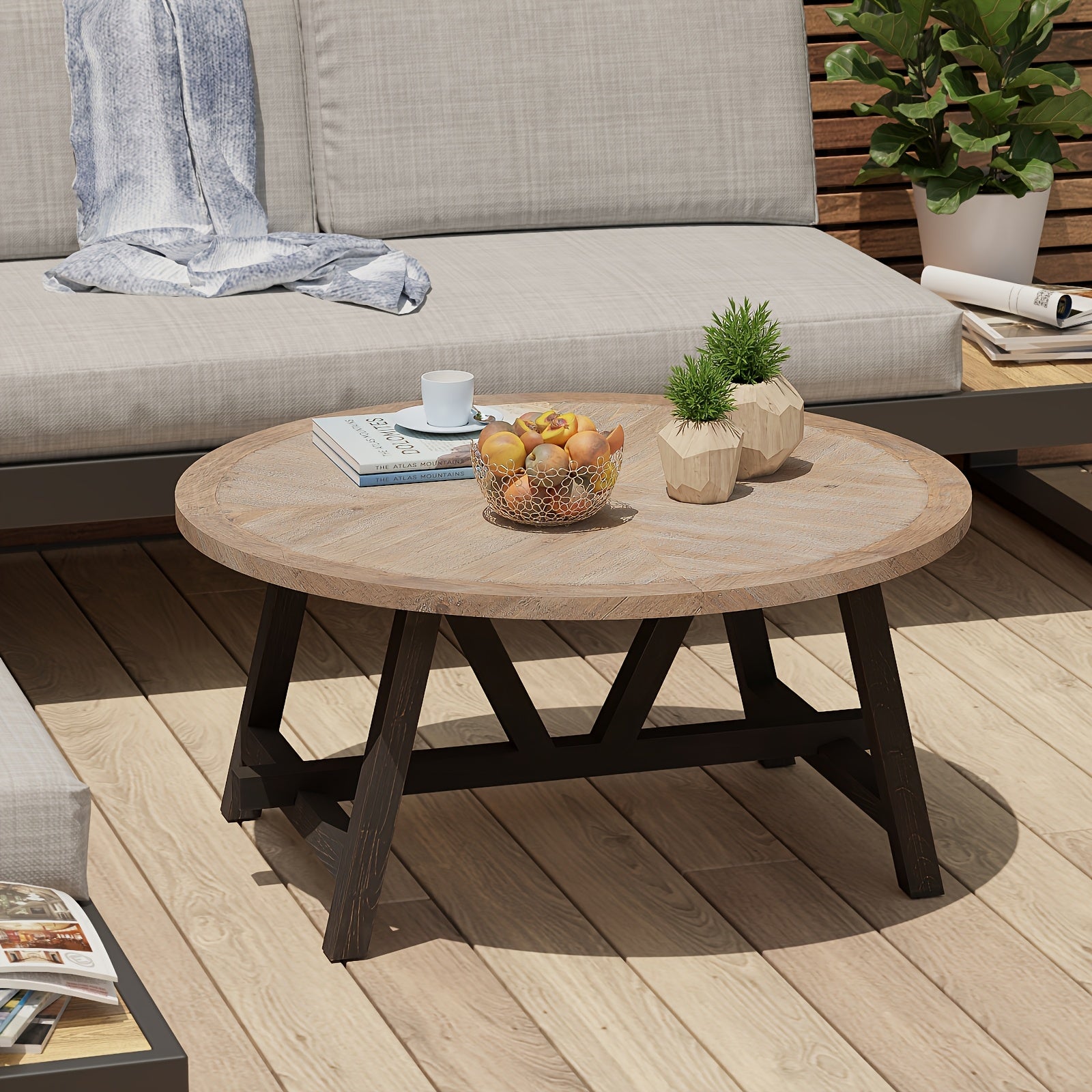 1pc Rustic Farmhouse Round Wooden Coffee Table with Crisscross Base - Safety Rounded Corners, Padded Feet, Distressed Finish for Outdoor Patio Furniture