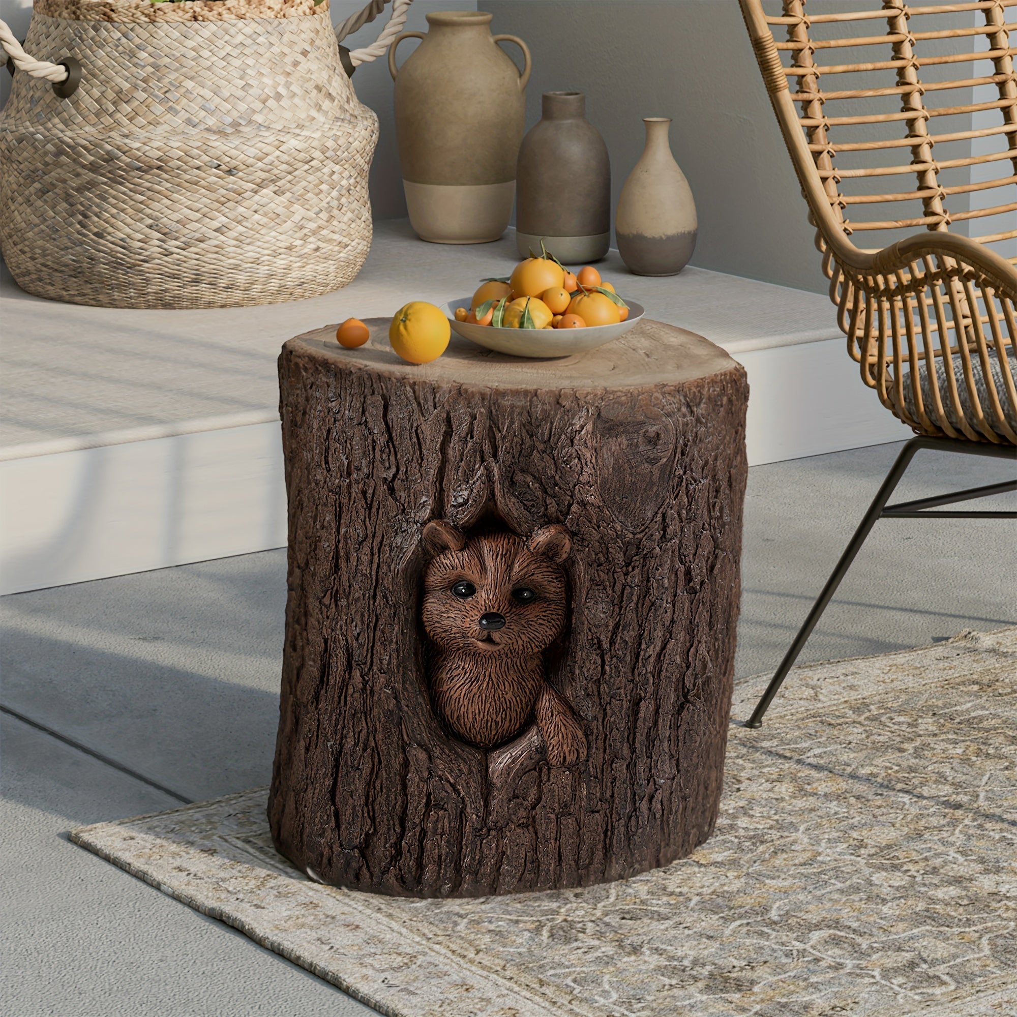 Concrete Side Table, Outdoor Side Table for Patio, 14-inch Raccoon Accent Table Patio Side Table End Table, Patio Ceramic Side Table Garden Stool Log Table