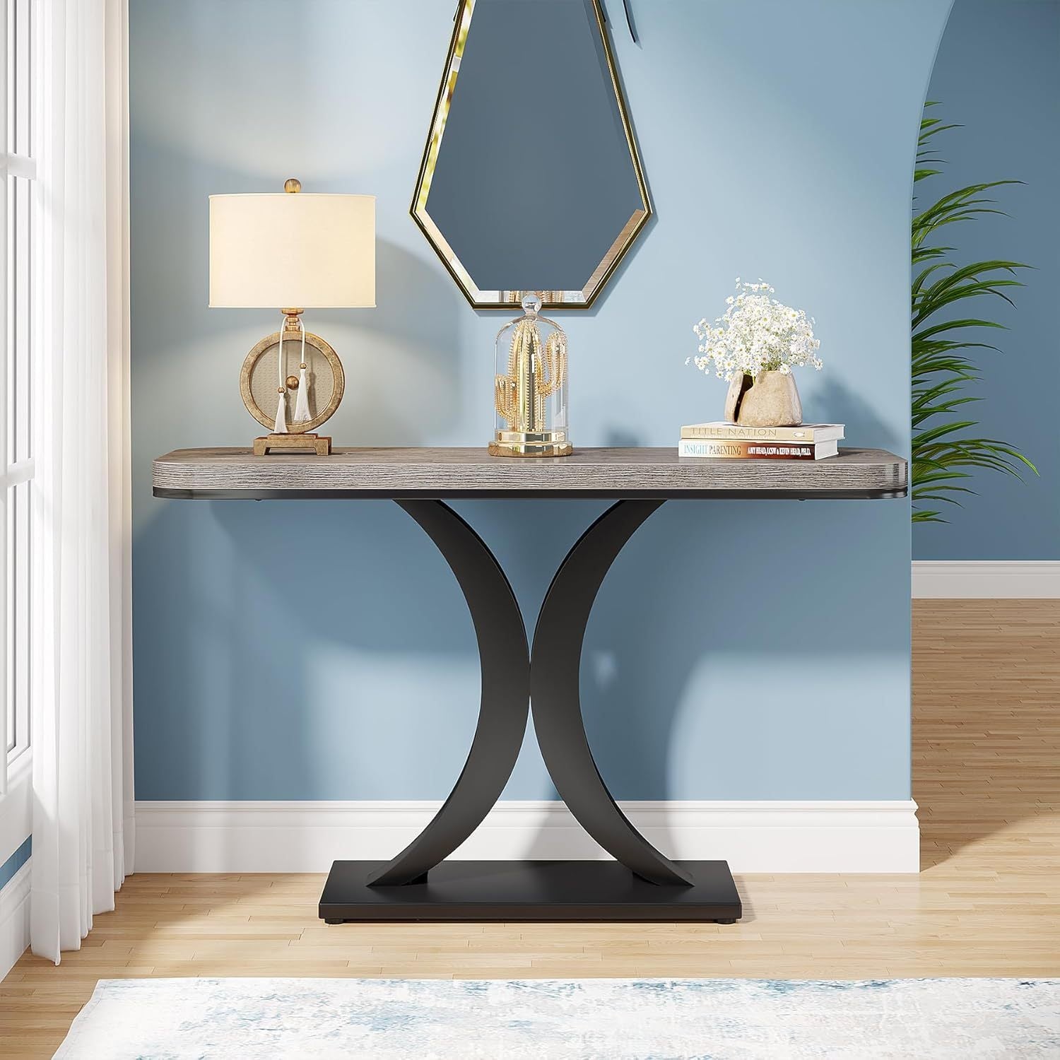 102 cm Slim Console Table - Rustic Two-Tone Design with Geometric Base, Waterproof MDF, Perfect for Entryway, Living Room, or Hallway Decor, Utility Hooks