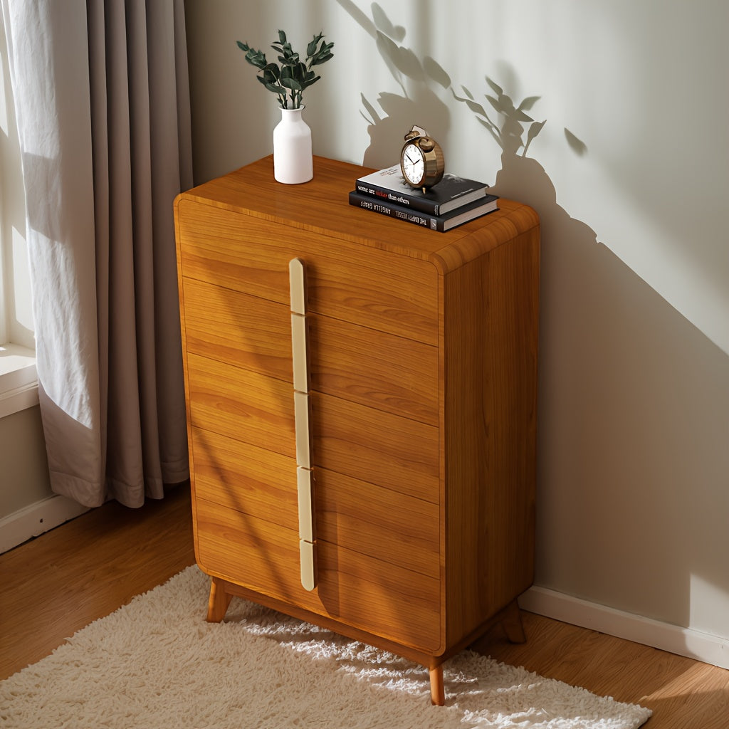 Elegant Mid-Century Modern 5-Drawer Dresser in Cherry Wood with Sleek Metal Handles, Spacious Storage Organizer for Bedroom, Living Room, Hallway - Floor Standing, No Assembly Required, Living Room Organizer|Elegant Wooden Fu