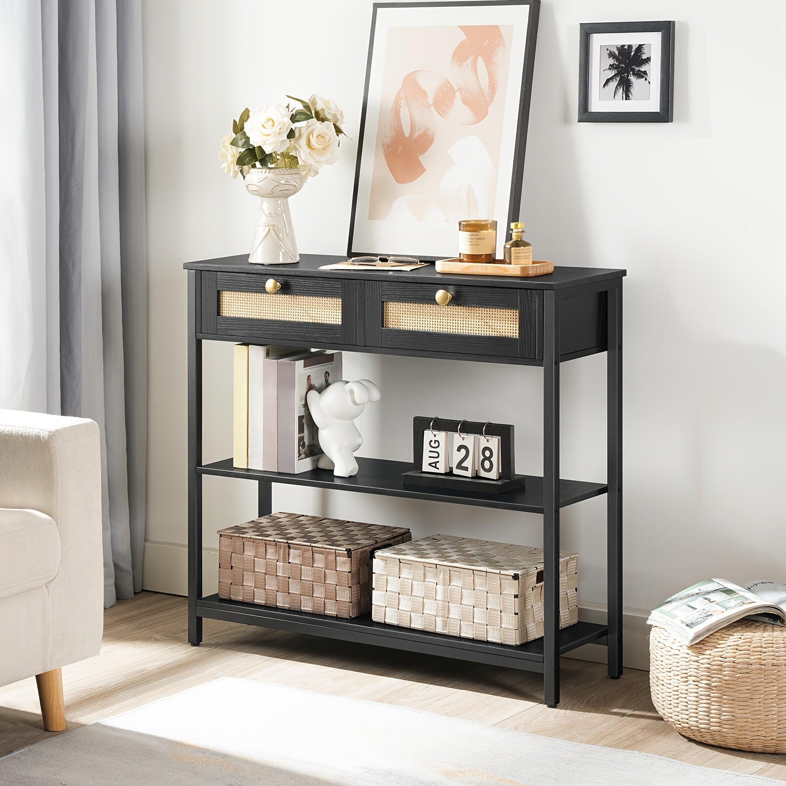 1pc Vintage Style Narrow Console Table with Rattan-Like Woven Detail, 80 cm Sofa Table with 2 Flip-Down Drawers and 3 Open Shelves, Multi-Functional Entryway Table with Metal Frame and Hardwood Top