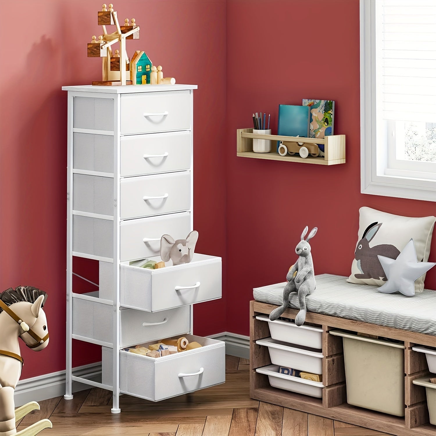 Tall Dresser For Bedroom, Storage Organizer With 7 Drawers, Vertical Bedside End Table For Bedroom, Sturdy Steel Frame, Nightstand Furniture, Chest Of Drawers For Closet