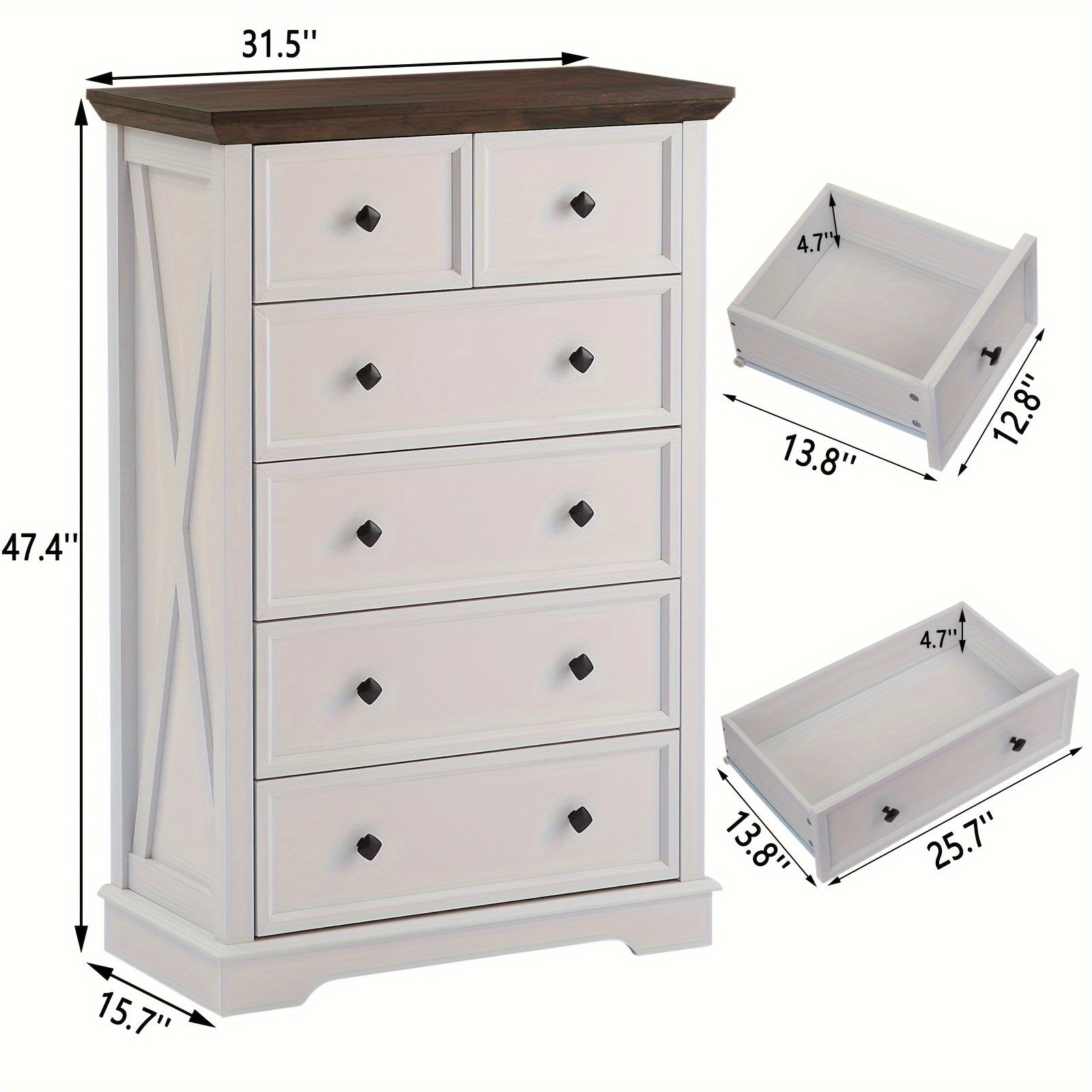 1pc Farmhouse Style 6-Drawer Dresser, 122cm Tall Hardwood & Artificial Board Chest, White Storage Cabinet for Bedroom, Living Room, Entryway - Independent, No Electricity Needed