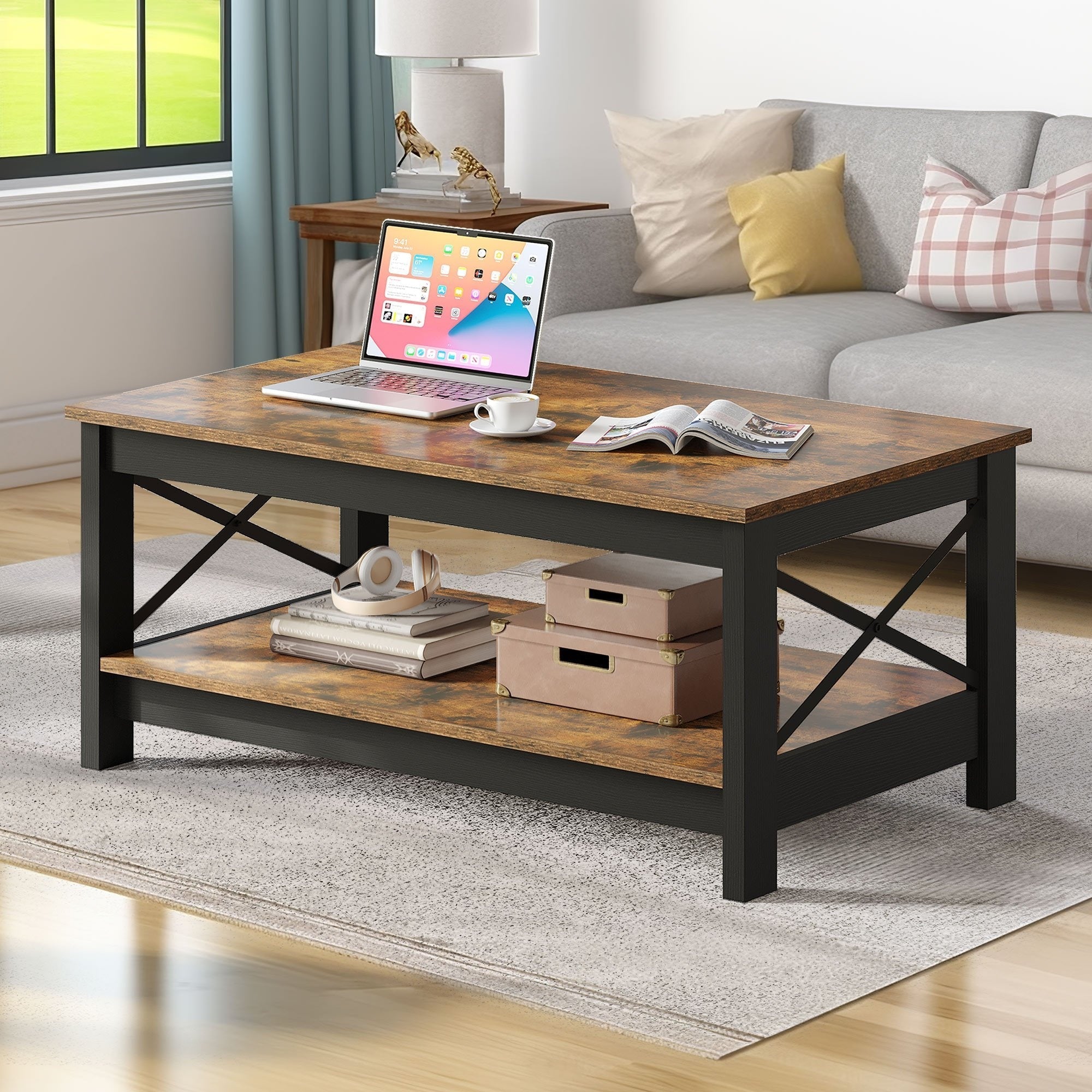 Vintage Brown Wood Coffee Table with Lower Shelf, Space-Saving Hardwood Center Table, Sturdy Leg Base, Manufactured Wood Construction, with No Electricity Required, for Living Room, Ideal for Thanksgiving, Christmas, Hallowee