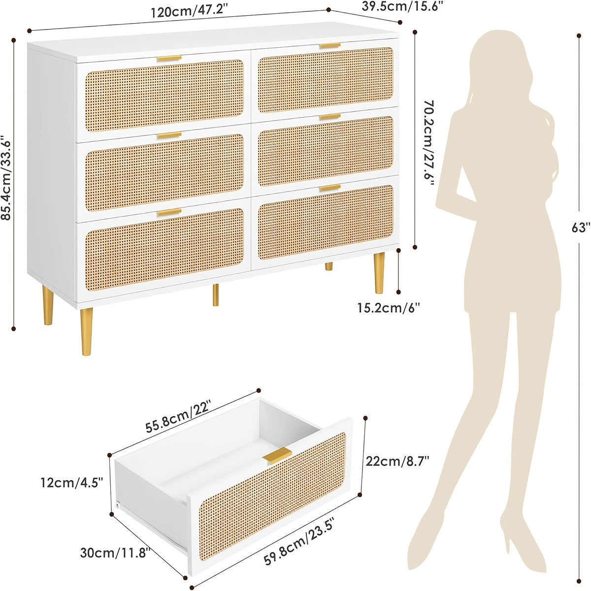 1pc Fashionwu Modern 6-Drawer Dresser, Rattan Front Wooden Chest of Drawers with Deep Storage, Large Double Dresser for Bedroom, Living Room, Hallway - Hardwood Construction, Window View Design, Assembly Required, Storage Dra