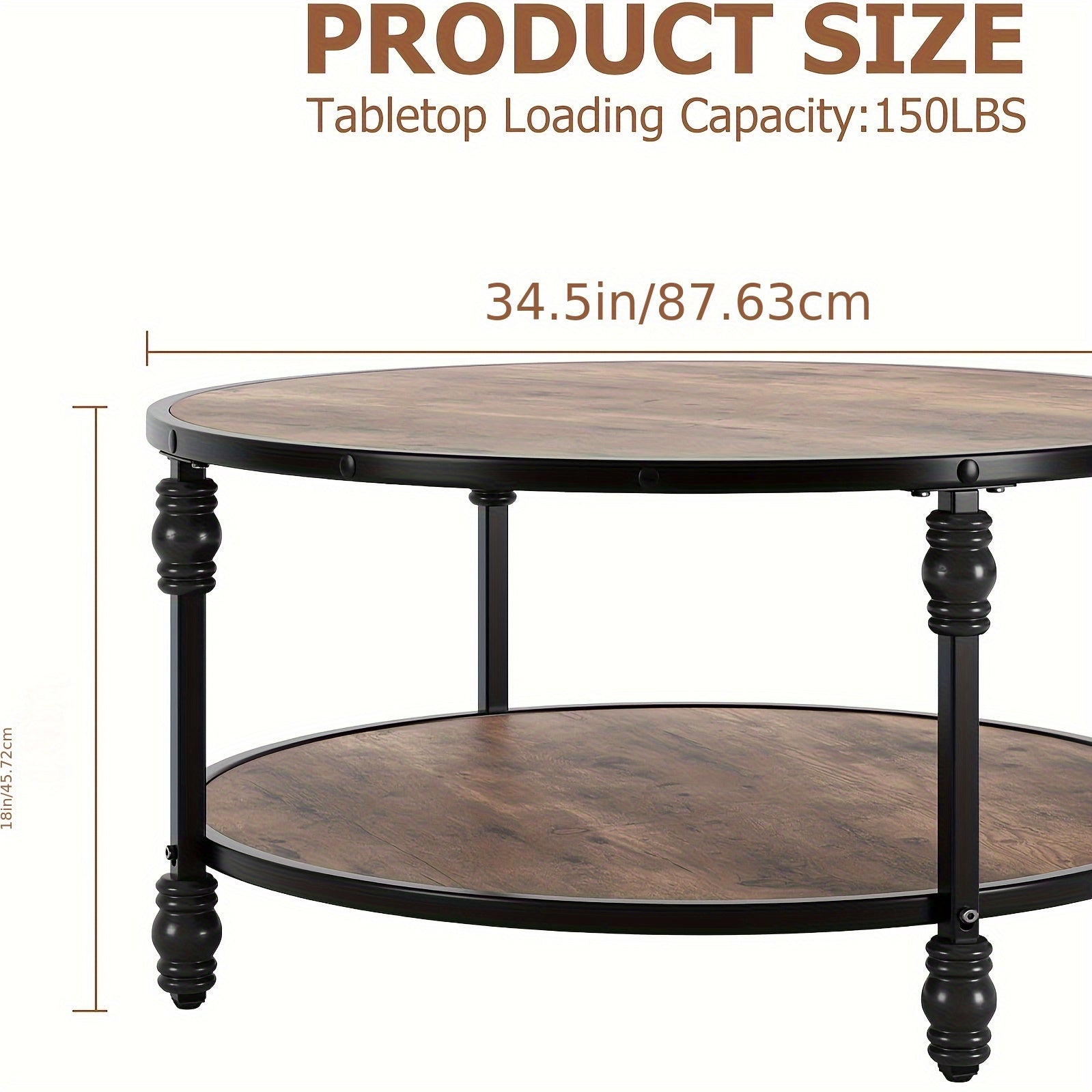 Round Coffee Table 89cm Industrial Center Table with Storage Shelf 2-Tier Rustic Accent Center Table Wood Circle Coffee Table with Sturdy Metal Legs, Easy Assembly