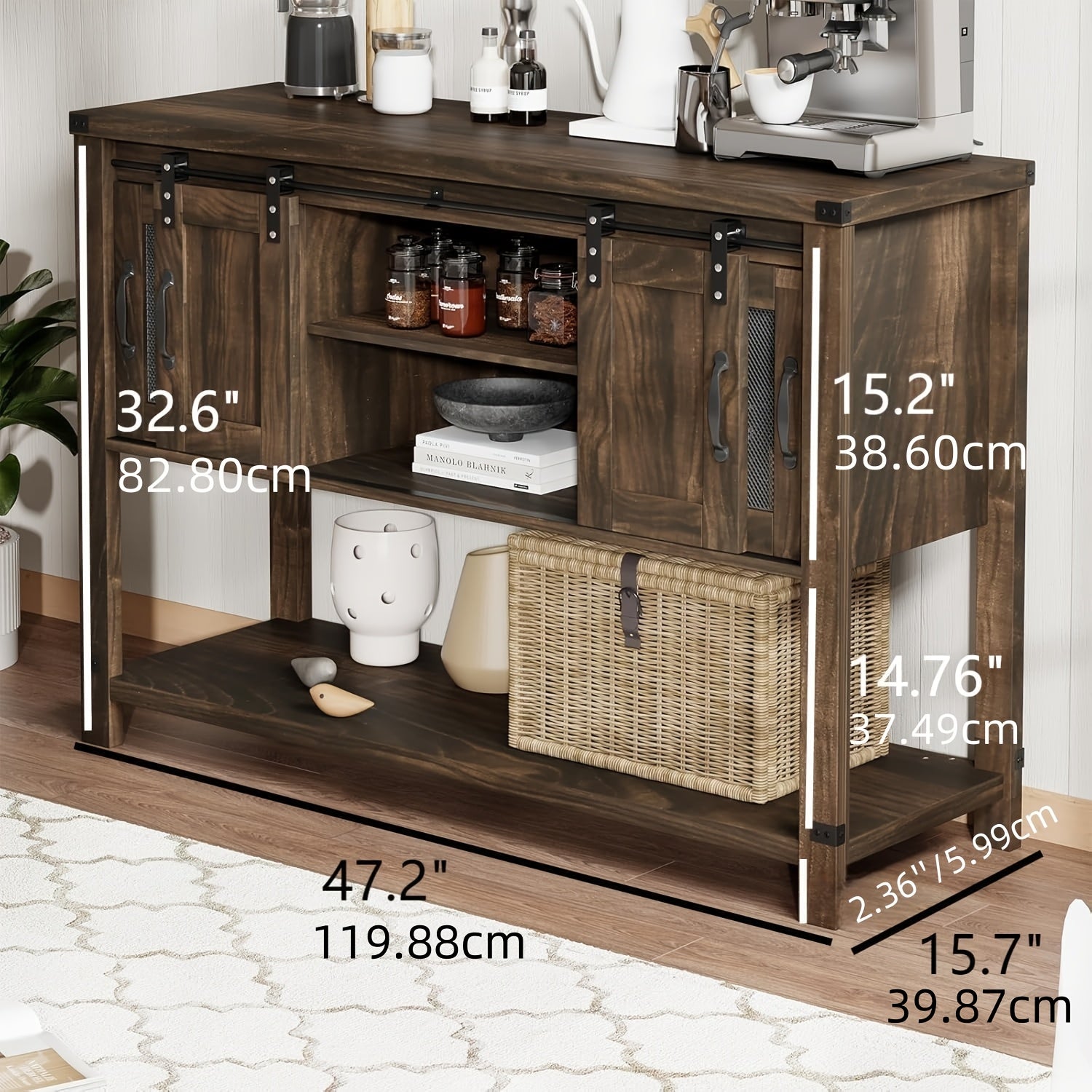 Coffee Bar Table with Storage, Farmhouse Buffet Cabinet with Sliding Barn Door, 119.4 cm Console Table with Metal Mesh Doors, Coffee Bar Cabinet with Bottom Open Shelf, Living Room, White Brown