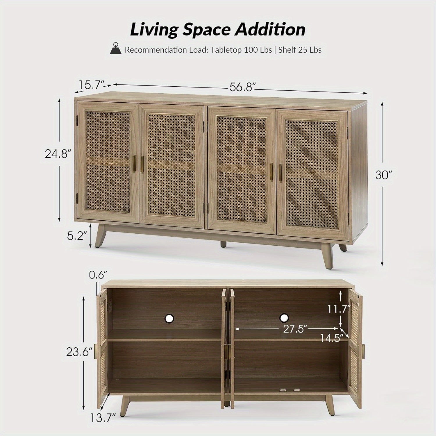 Farmhouse TV Stand with Adjustable Legs - White, Fits TVs Up to 165cm, Rattan Accents & Wood Construction, Perfect for Halloween/Christmas/New Year's Decor