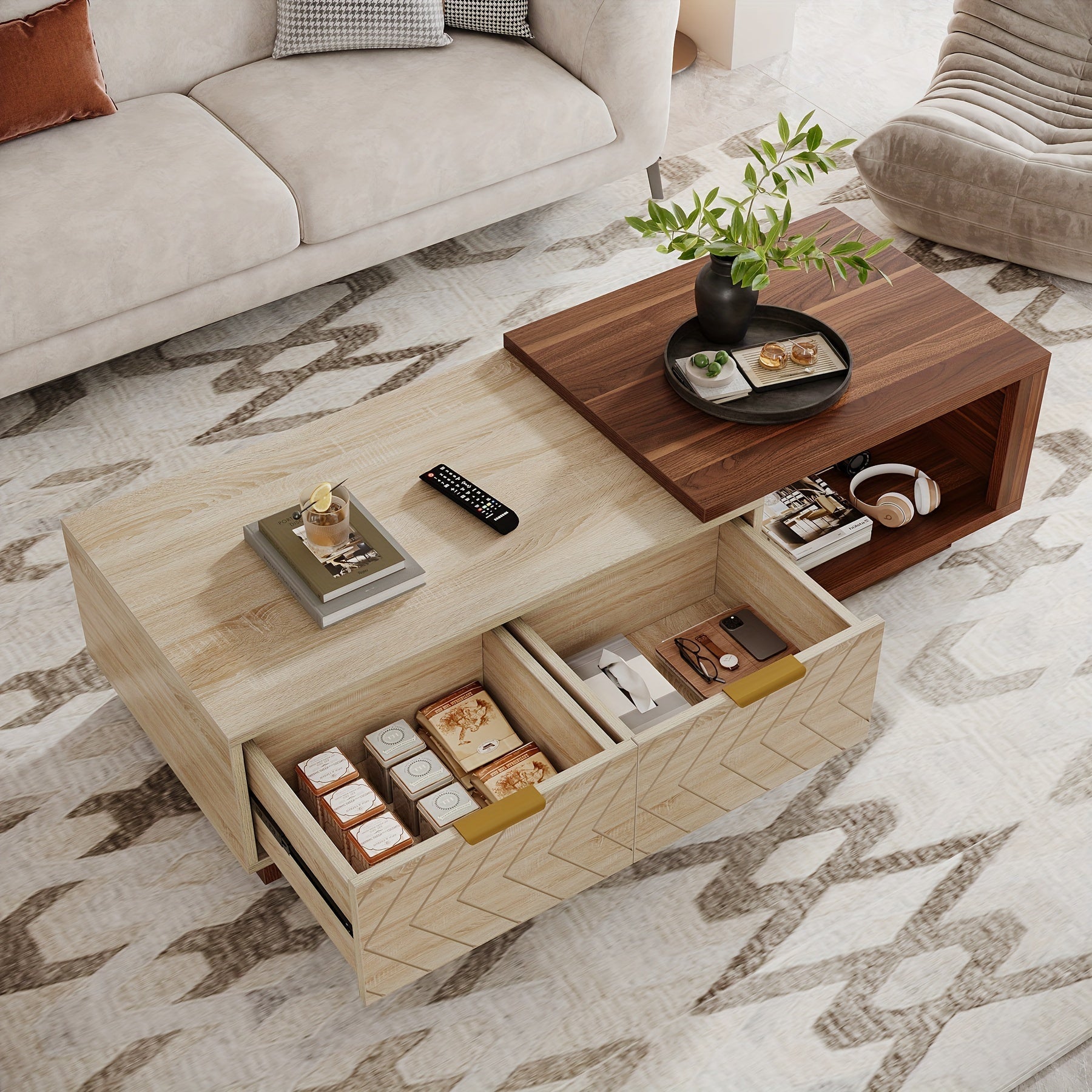 Expandable Wooden Coffee Table With Dual Storage Drawers, Featuring Dual-Tone Centerpiece & Sliding Tabletop, Versatile Hidden Compartment Rectangle Cocktail Table Ideal For Living Spaces