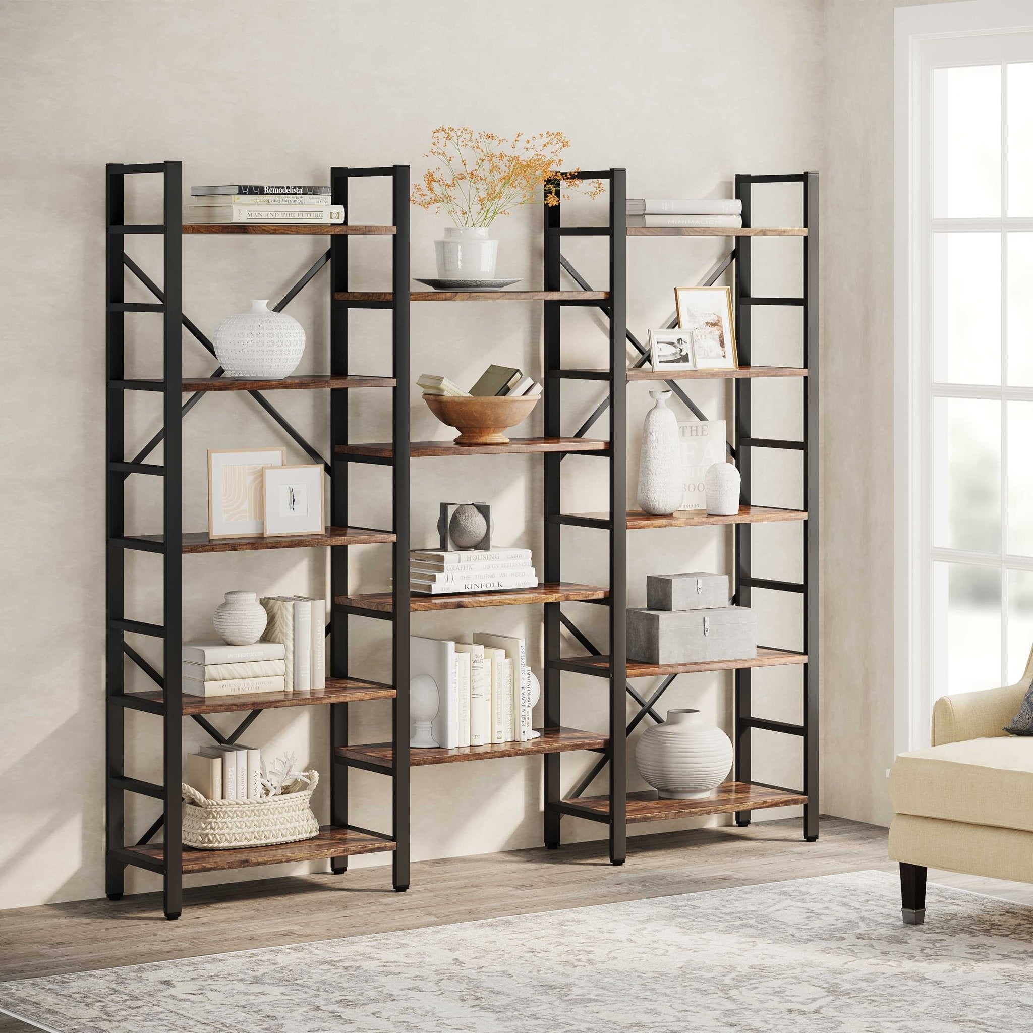 Industrial Bookshelf, Triple Wide 14-Shelves Etagere Bookcase (in cm)