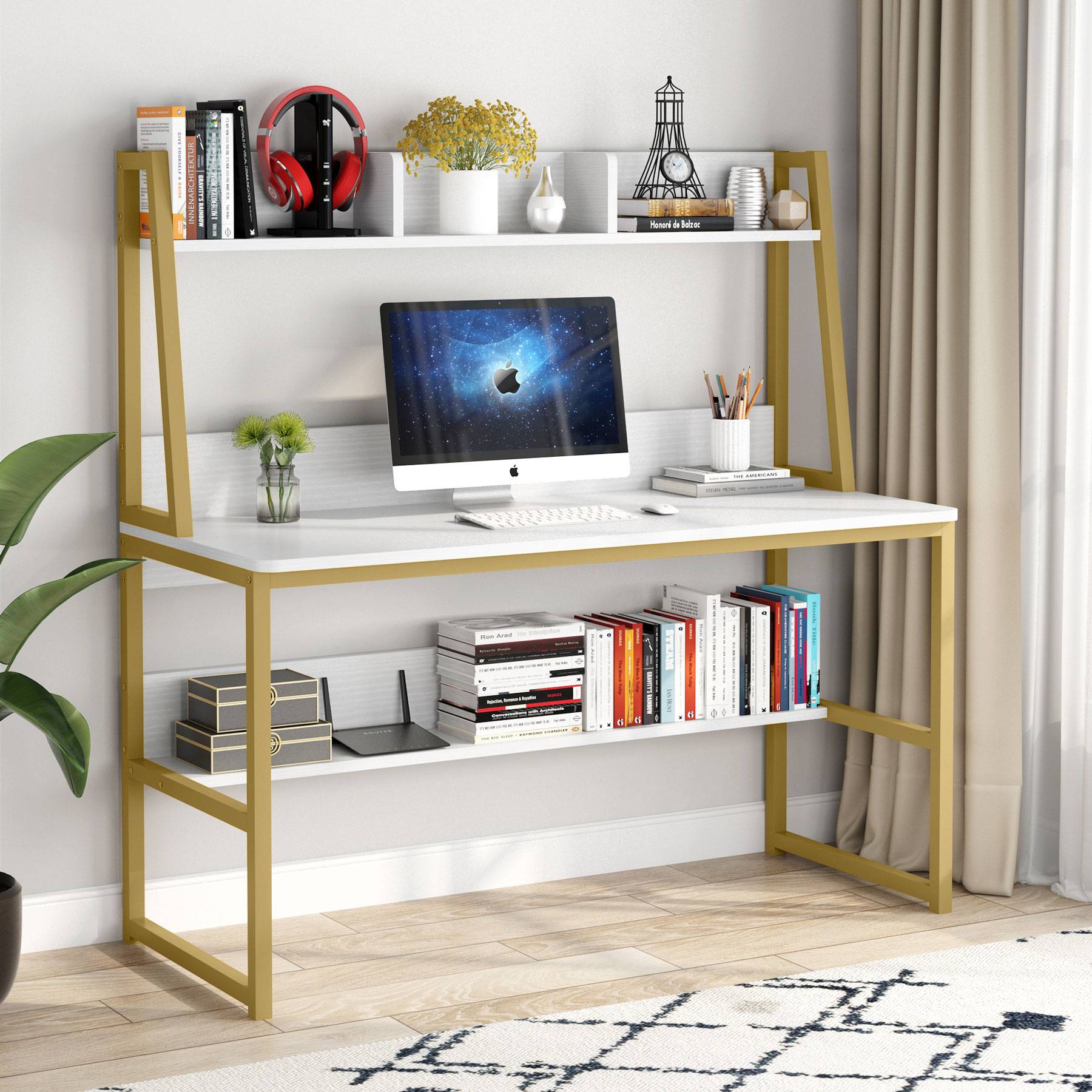 119 cm Computer Desk, Heavy Duty Writing Desk with Hutch & Bookshelf